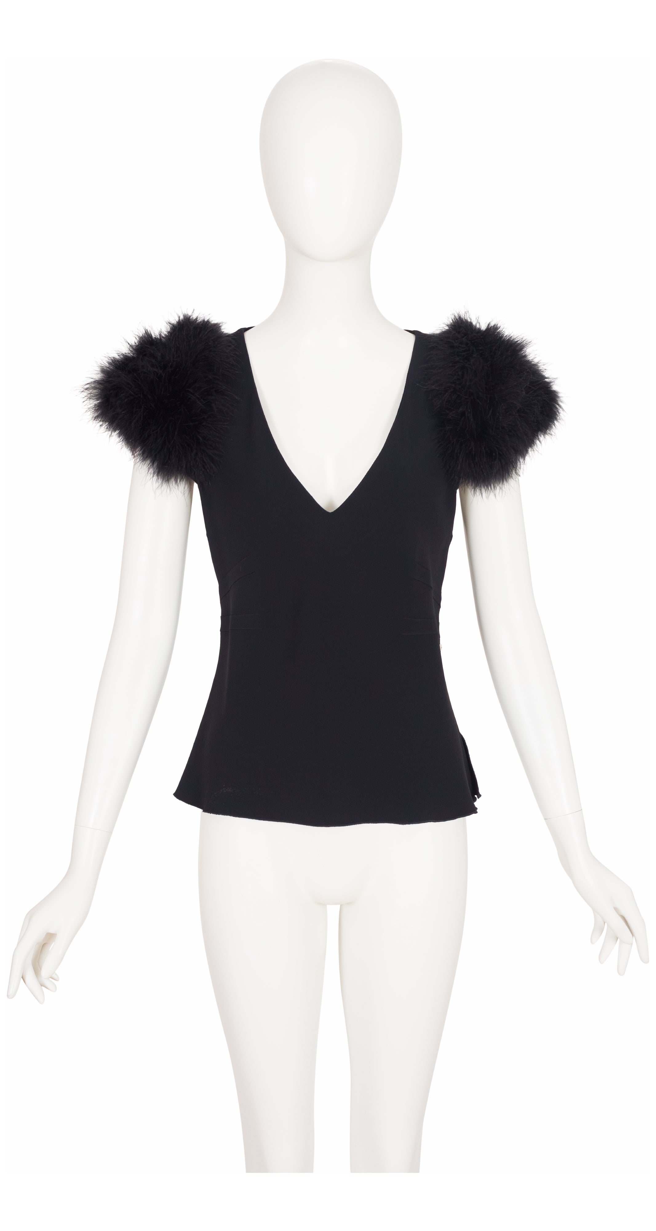 1990s Black Marabou Feather Sleeve Crepe Top