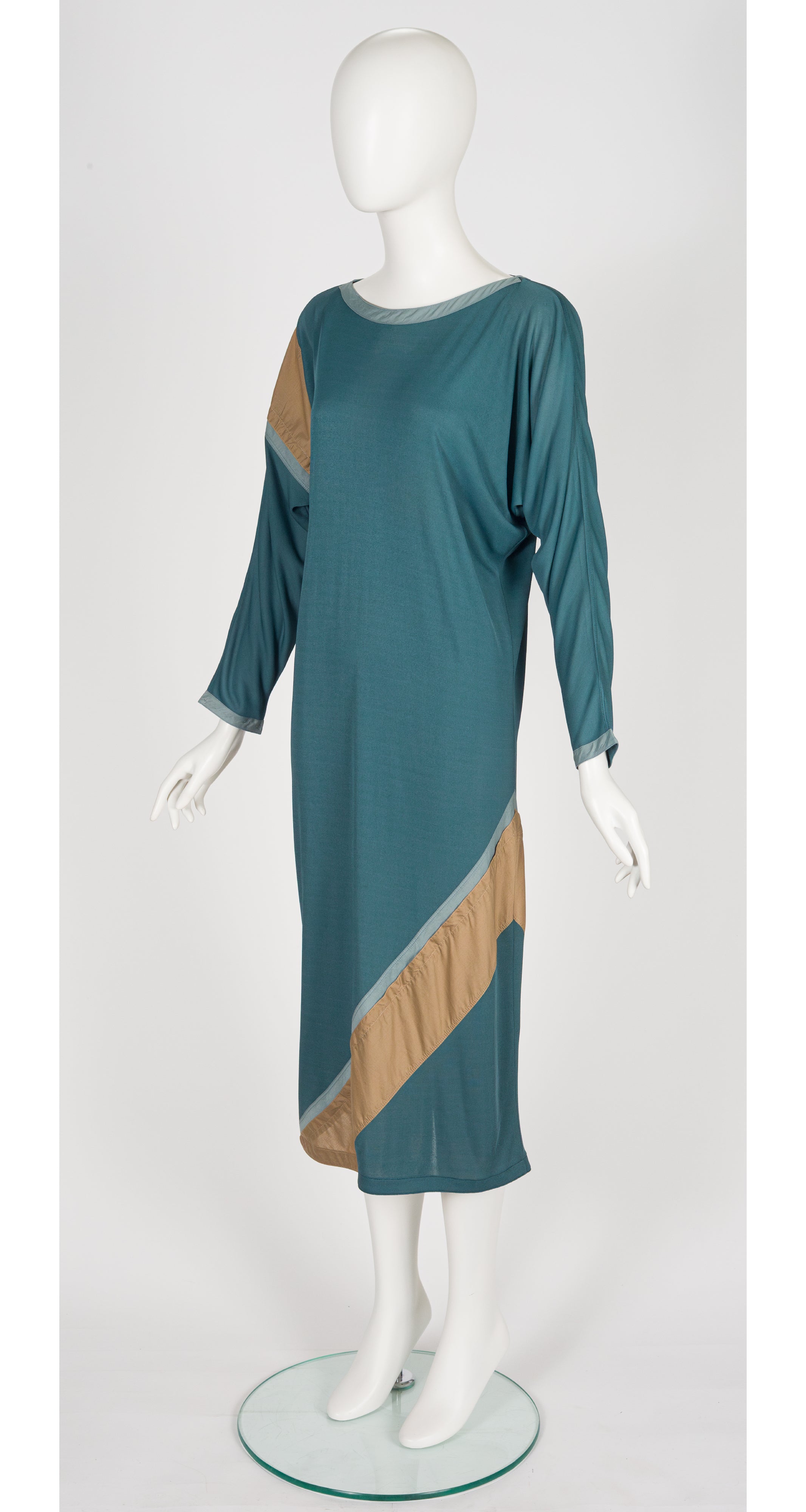 1980s Teal Rayon Jersey Long Sleeve Midi Dress