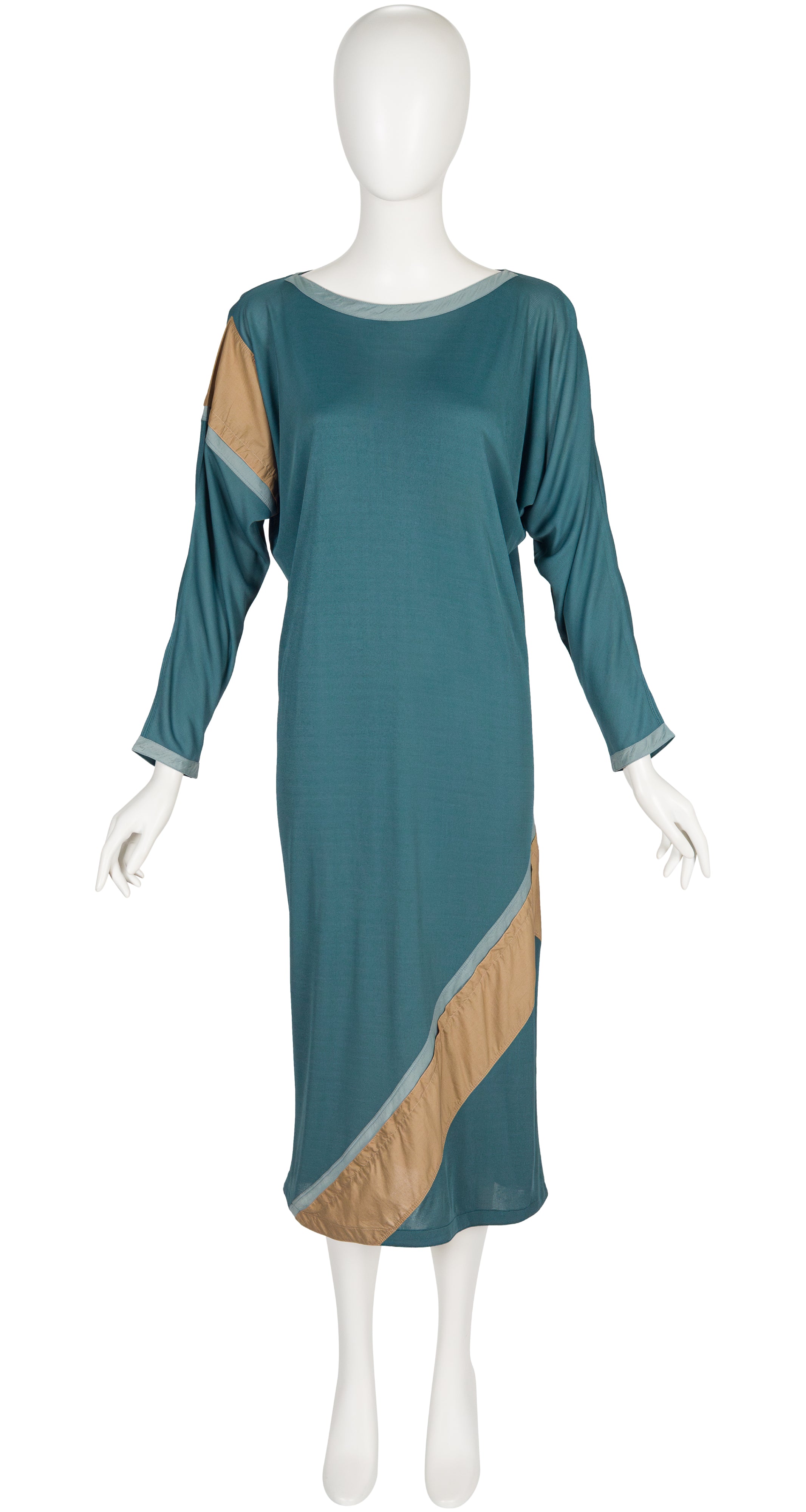 1980s Teal Rayon Jersey Long Sleeve Midi Dress