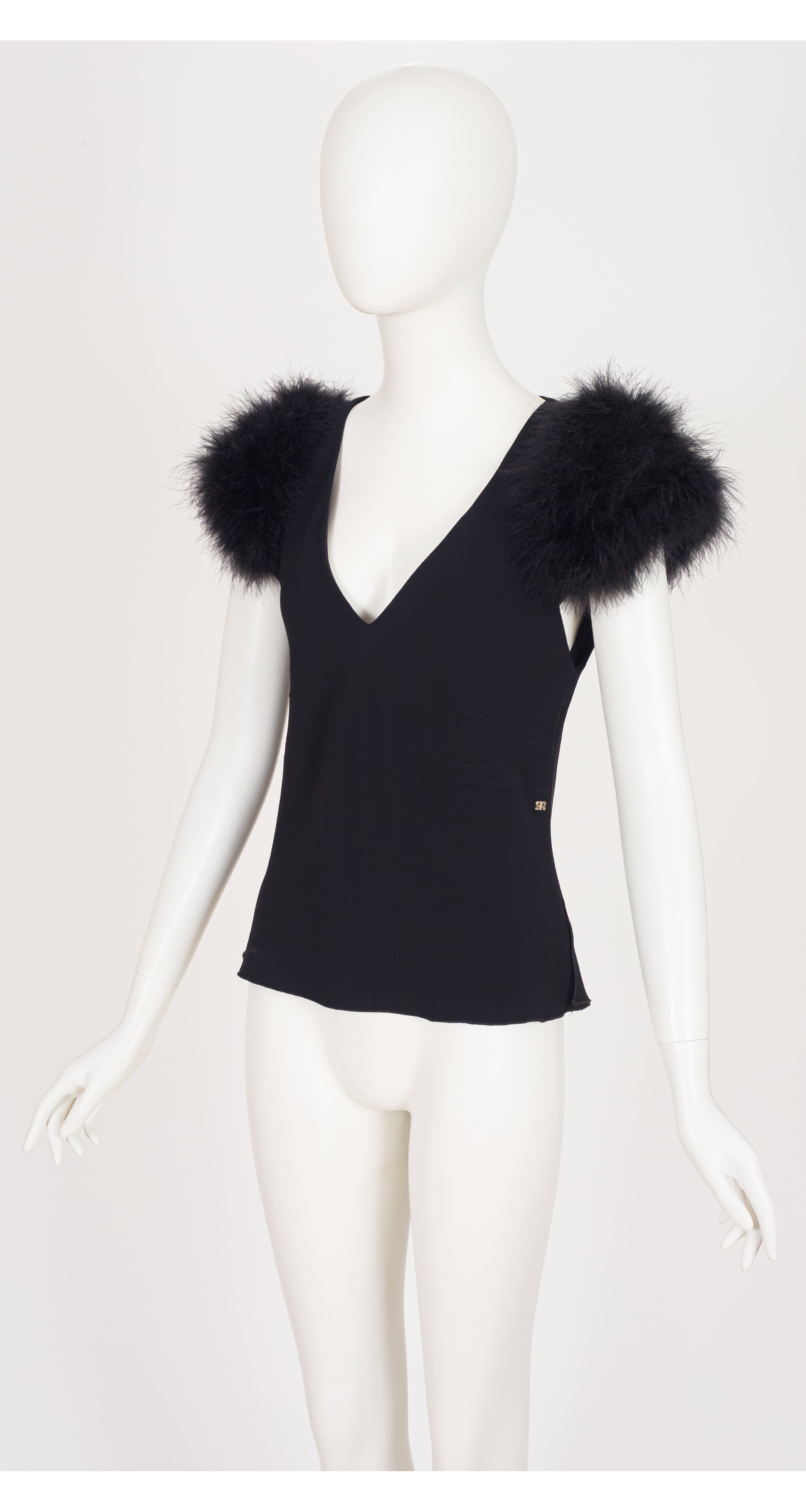 1990s Black Marabou Feather Sleeve Crepe Top