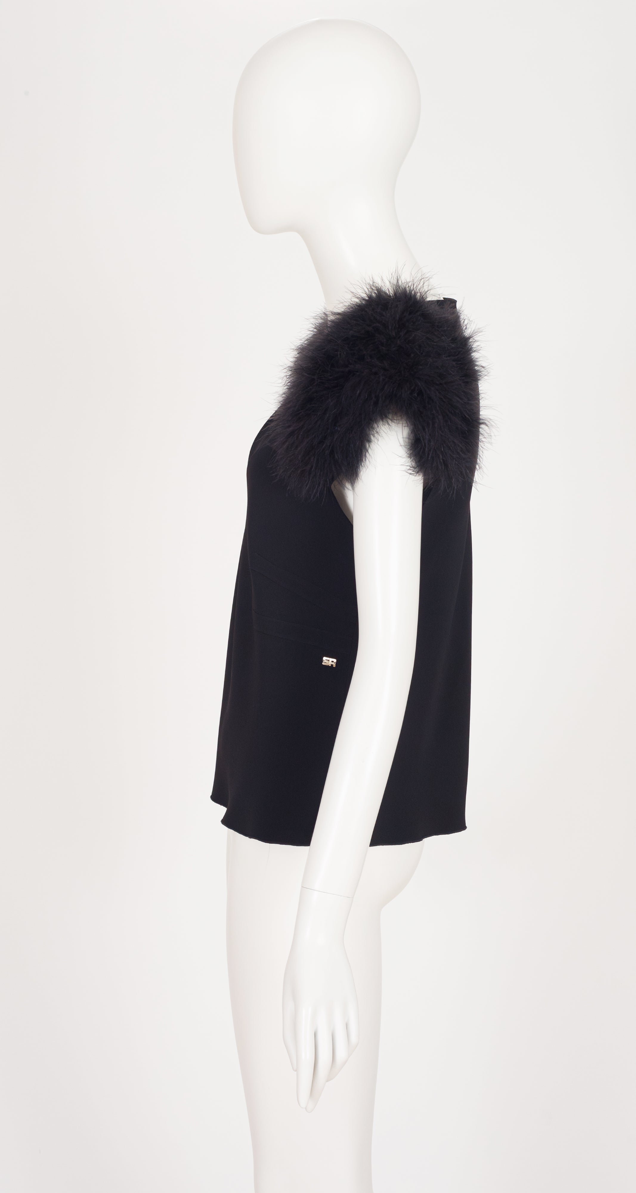 1990s Black Marabou Feather Sleeve Crepe Top