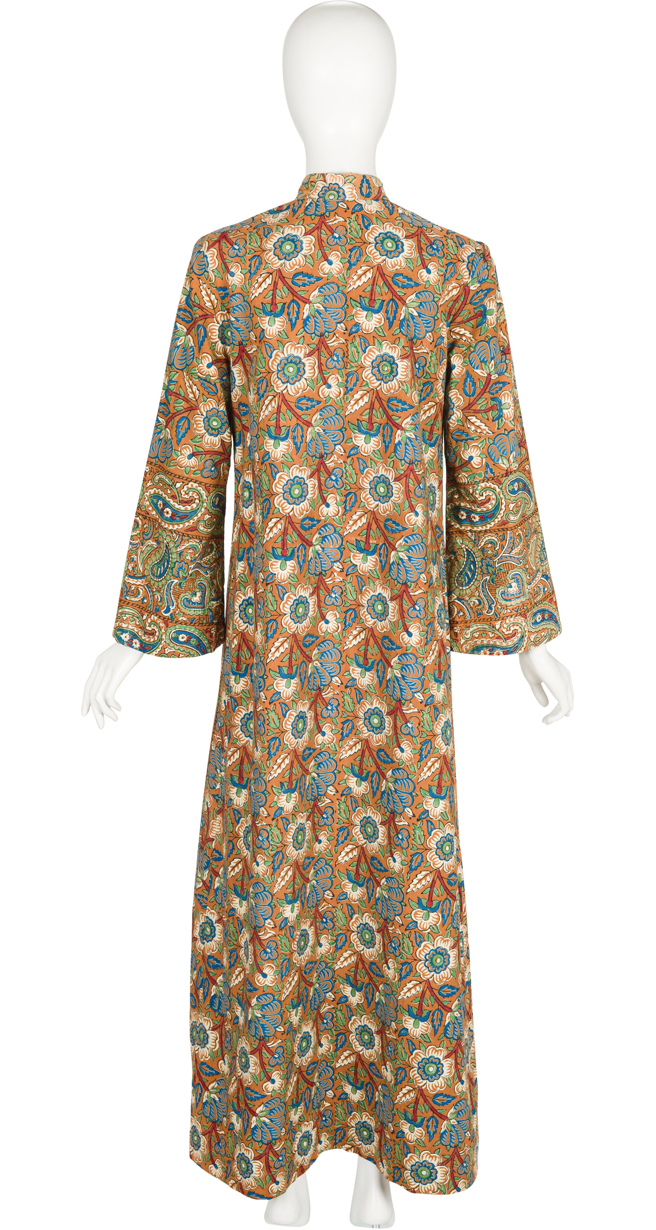 1970s Paisley Block Print Cotton Caftan Maxi Dress