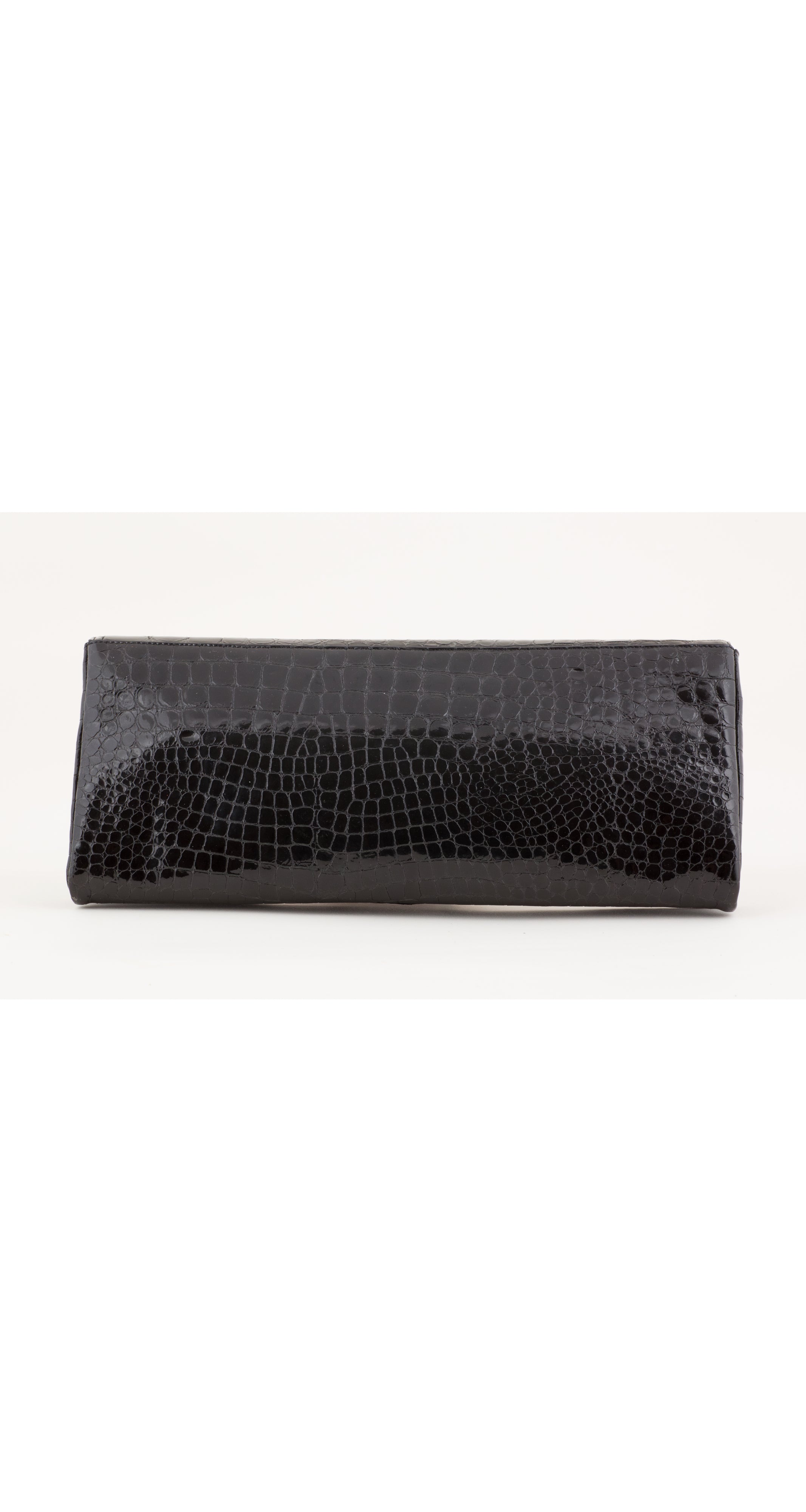 1980s Black Faux Croc Embossed Leather Clutch