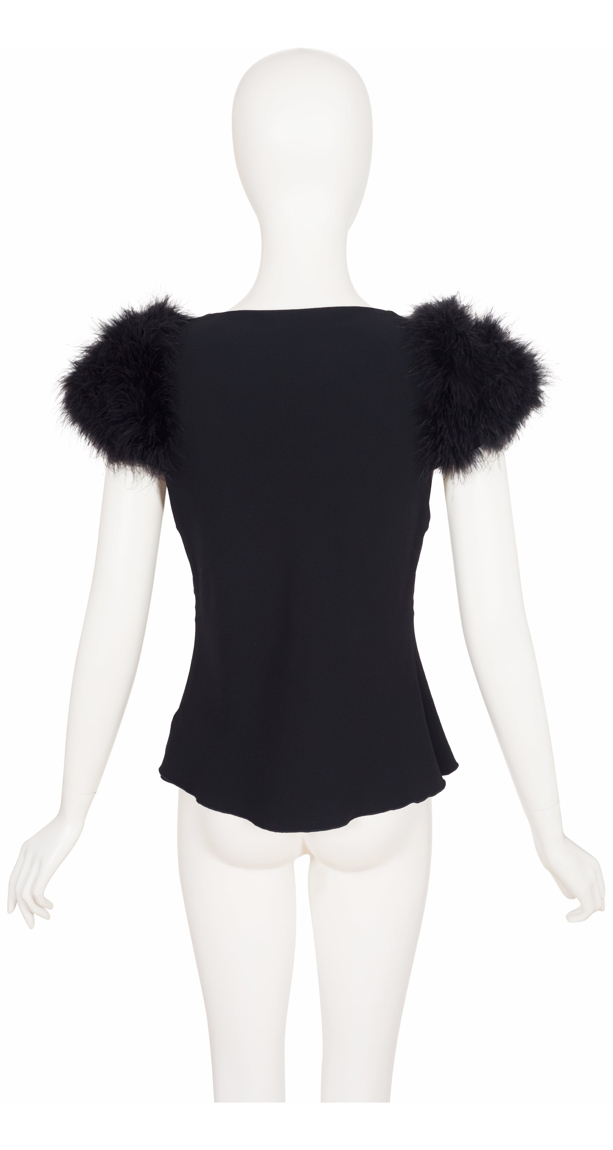 1990s Black Marabou Feather Sleeve Crepe Top