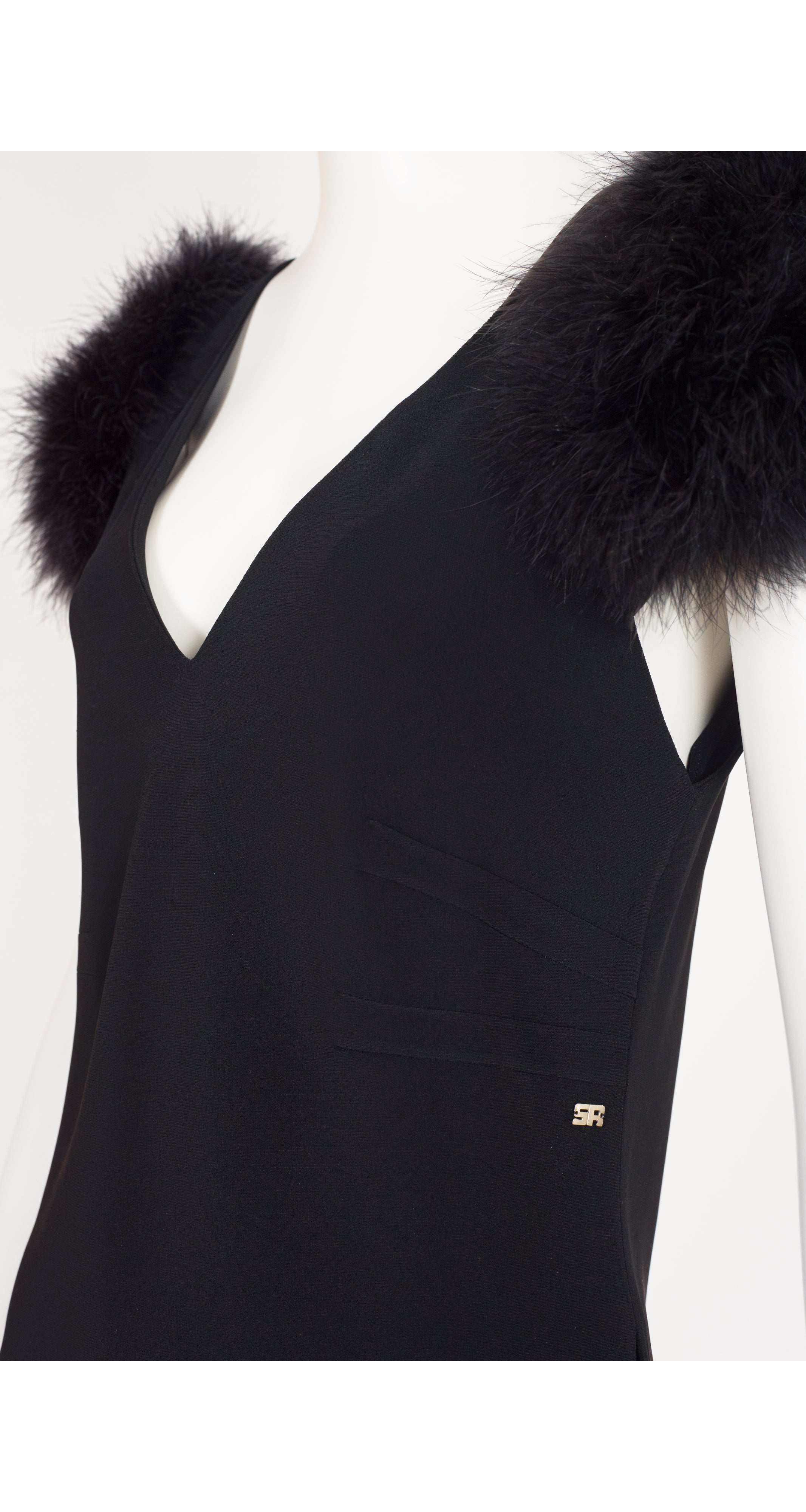 1990s Black Marabou Feather Sleeve Crepe Top