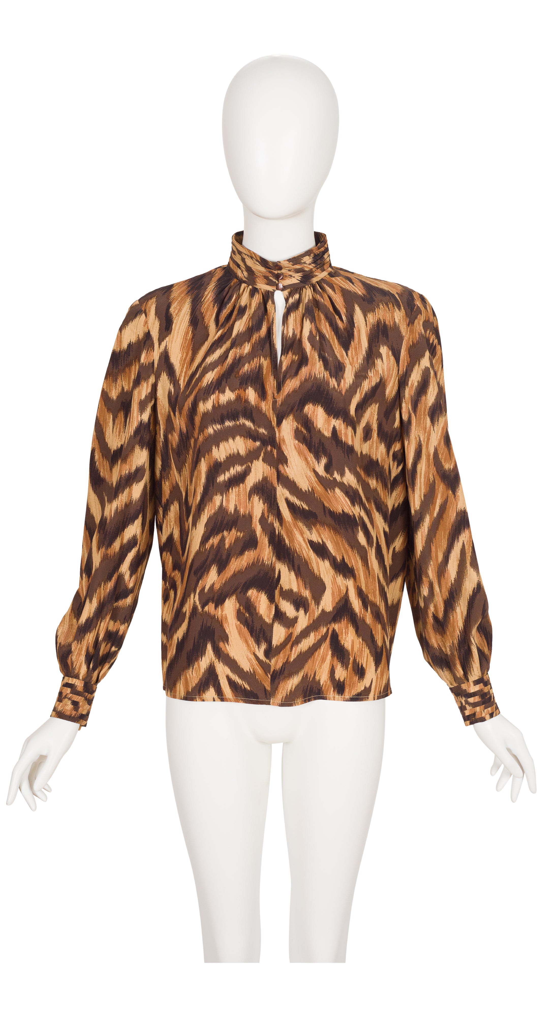 1980s Tiger Stripe Silk Keyhole Neckline Long Sleeve Blouse