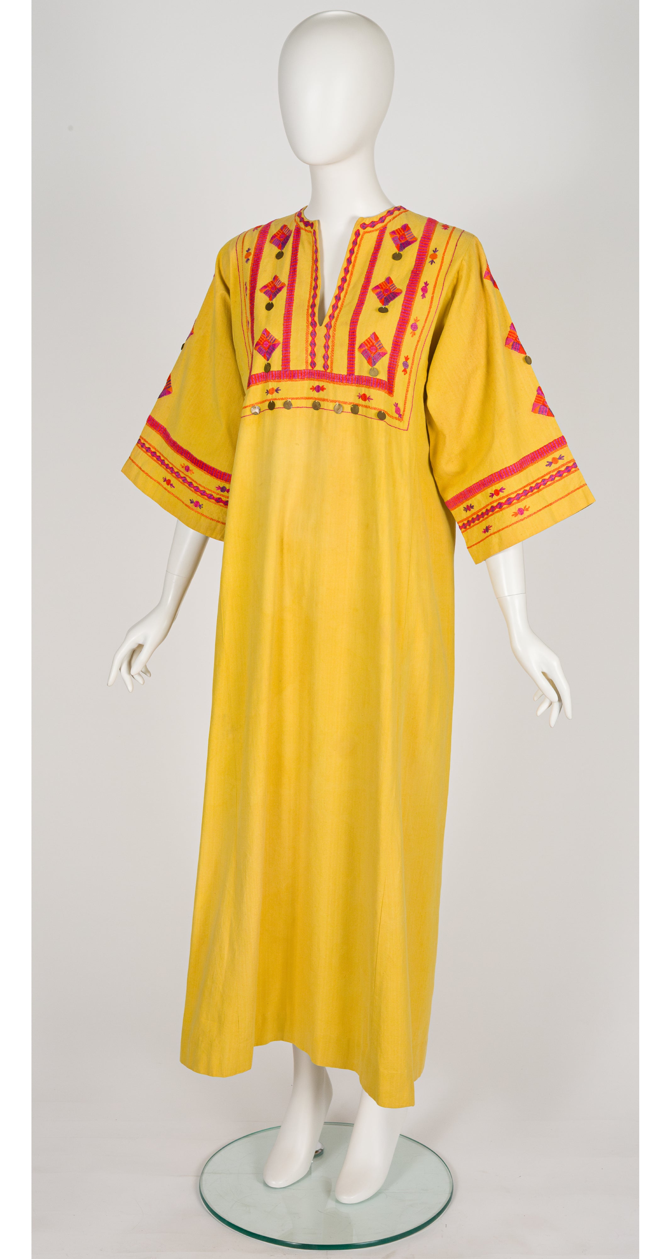 1970s Hand-Embroidered Yellow Cotton Caftan Maxi Dress