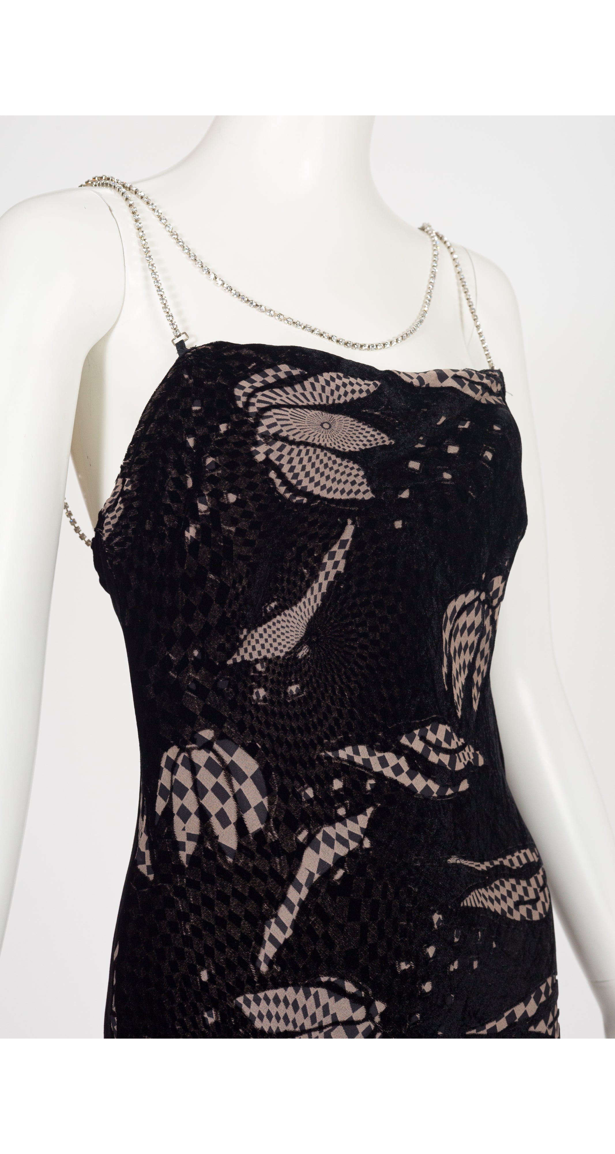 1990s Op Art Devoré Rhinestone Chain Evening Slip Dress