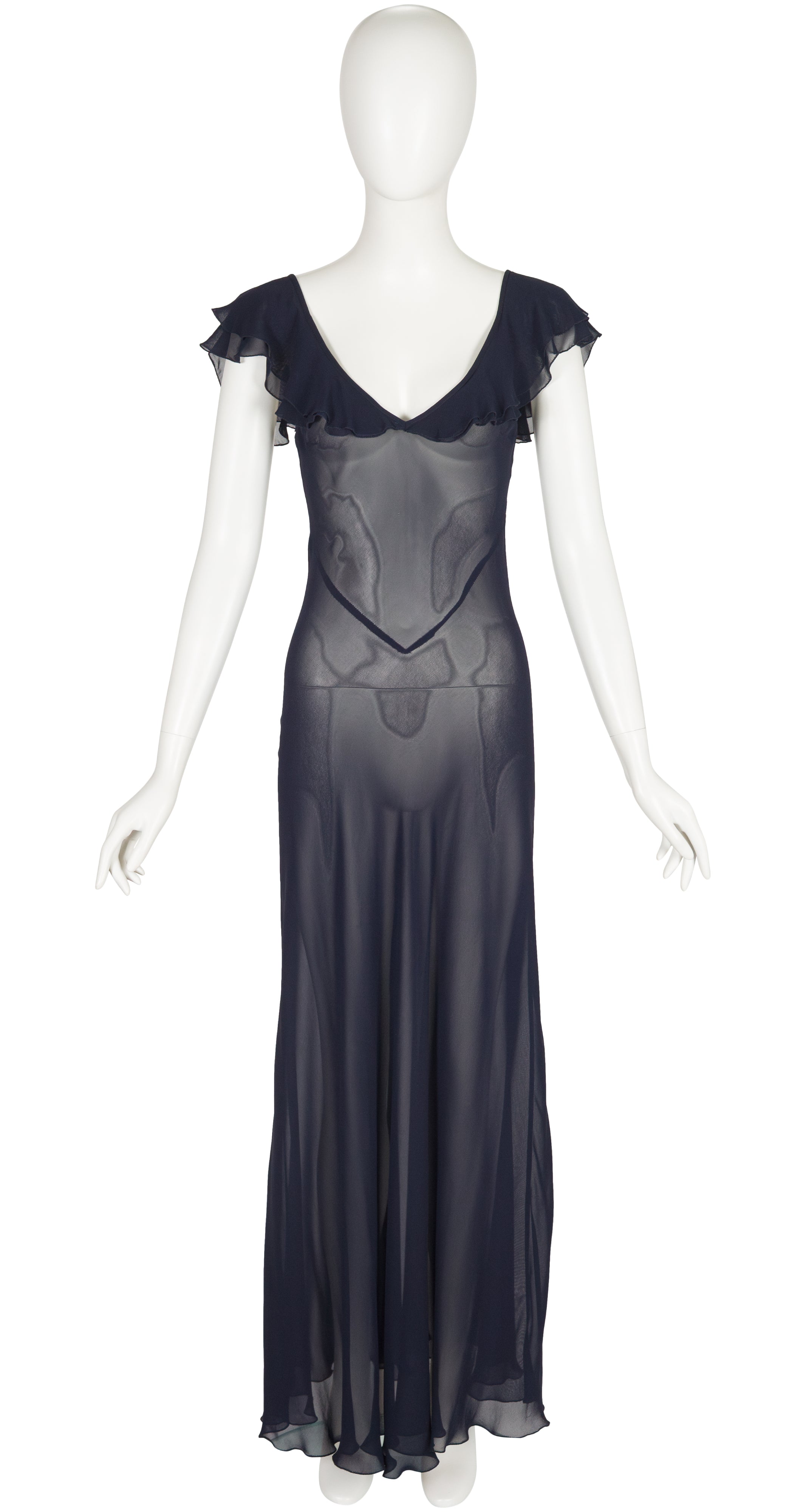 1997 S/S Navy Chiffon Bias-Cut Ruffle Neck Gown