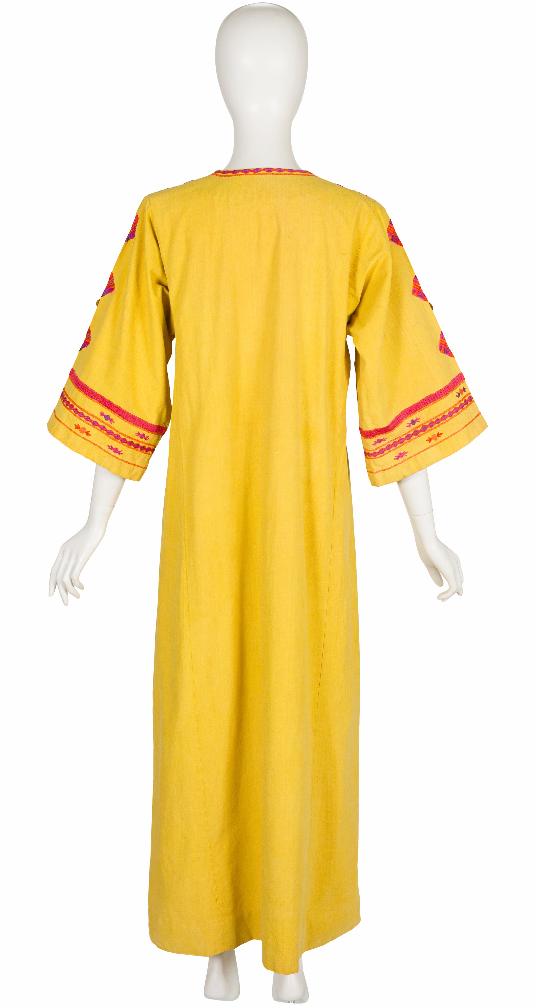 1970s Hand-Embroidered Yellow Cotton Caftan Maxi Dress