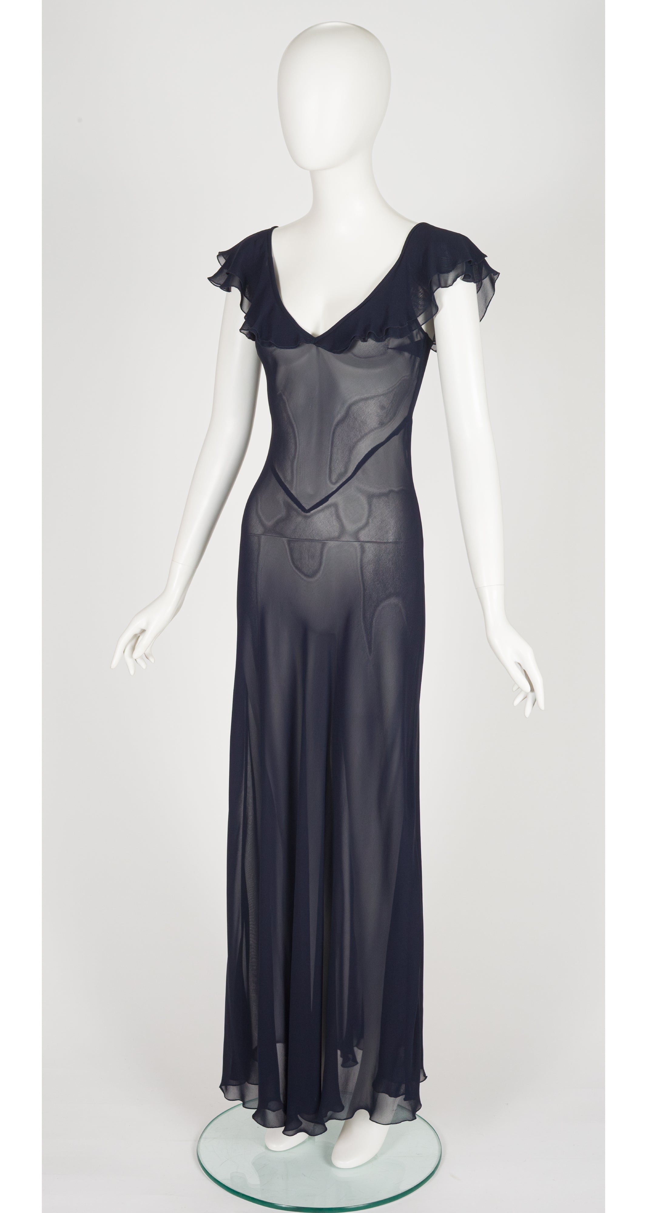 1997 S/S Navy Chiffon Bias-Cut Ruffle Neck Gown