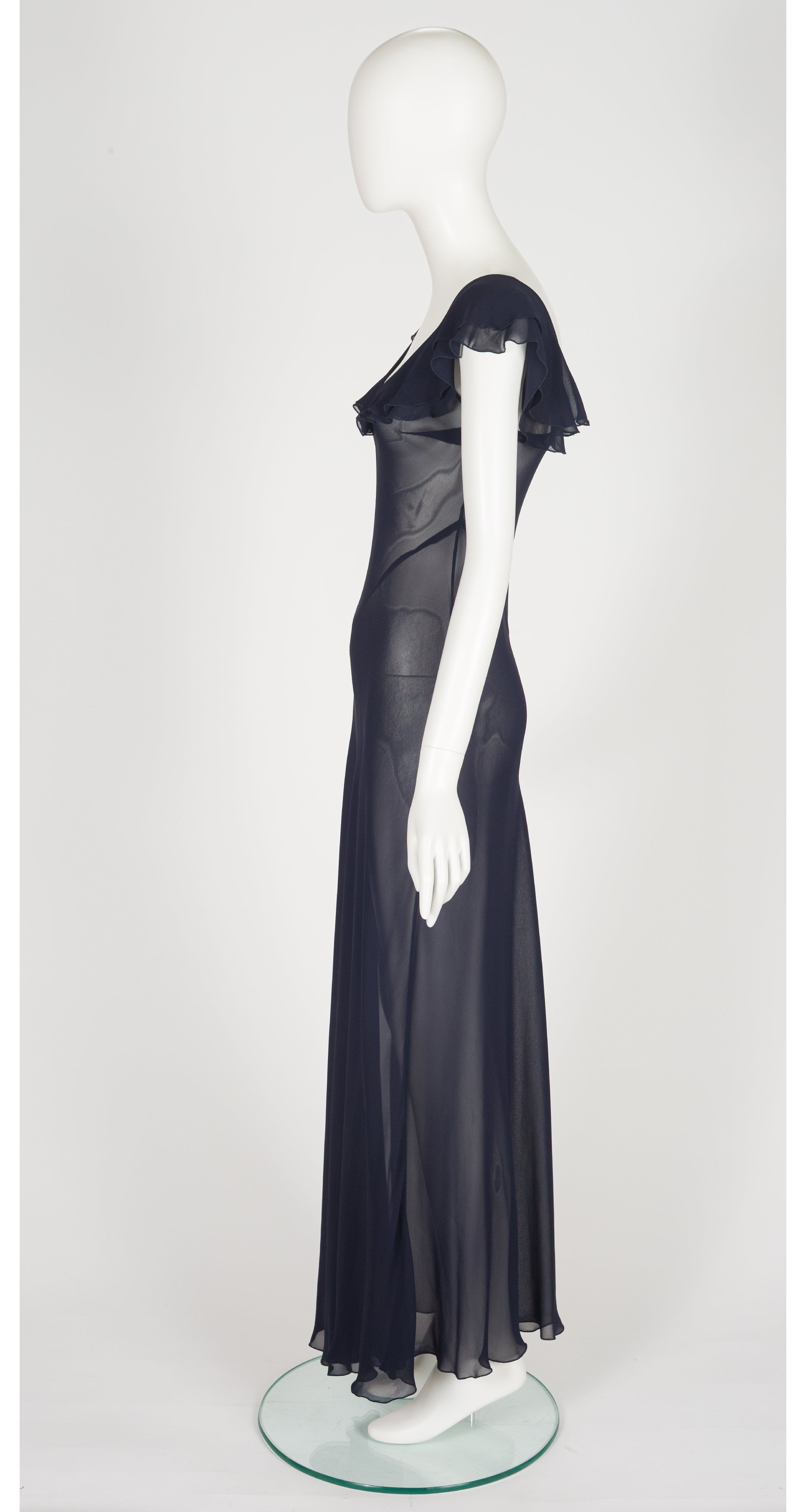 1997 S/S Navy Chiffon Bias-Cut Ruffle Neck Gown
