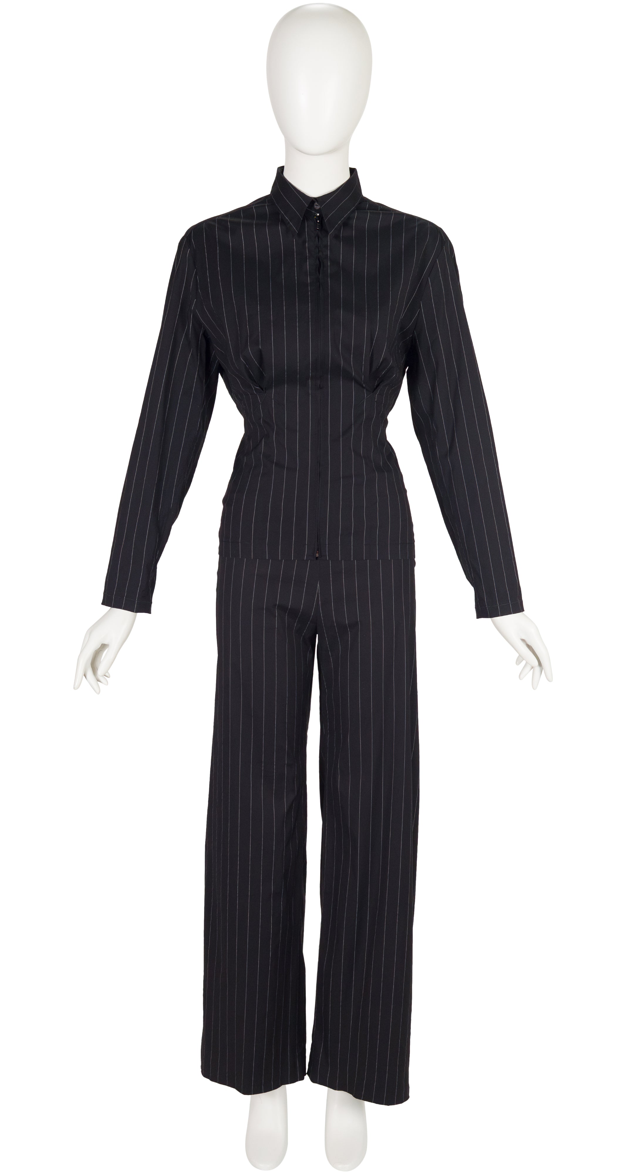 1990s Pinstripe Black Cotton Zip-Up Pant Suit