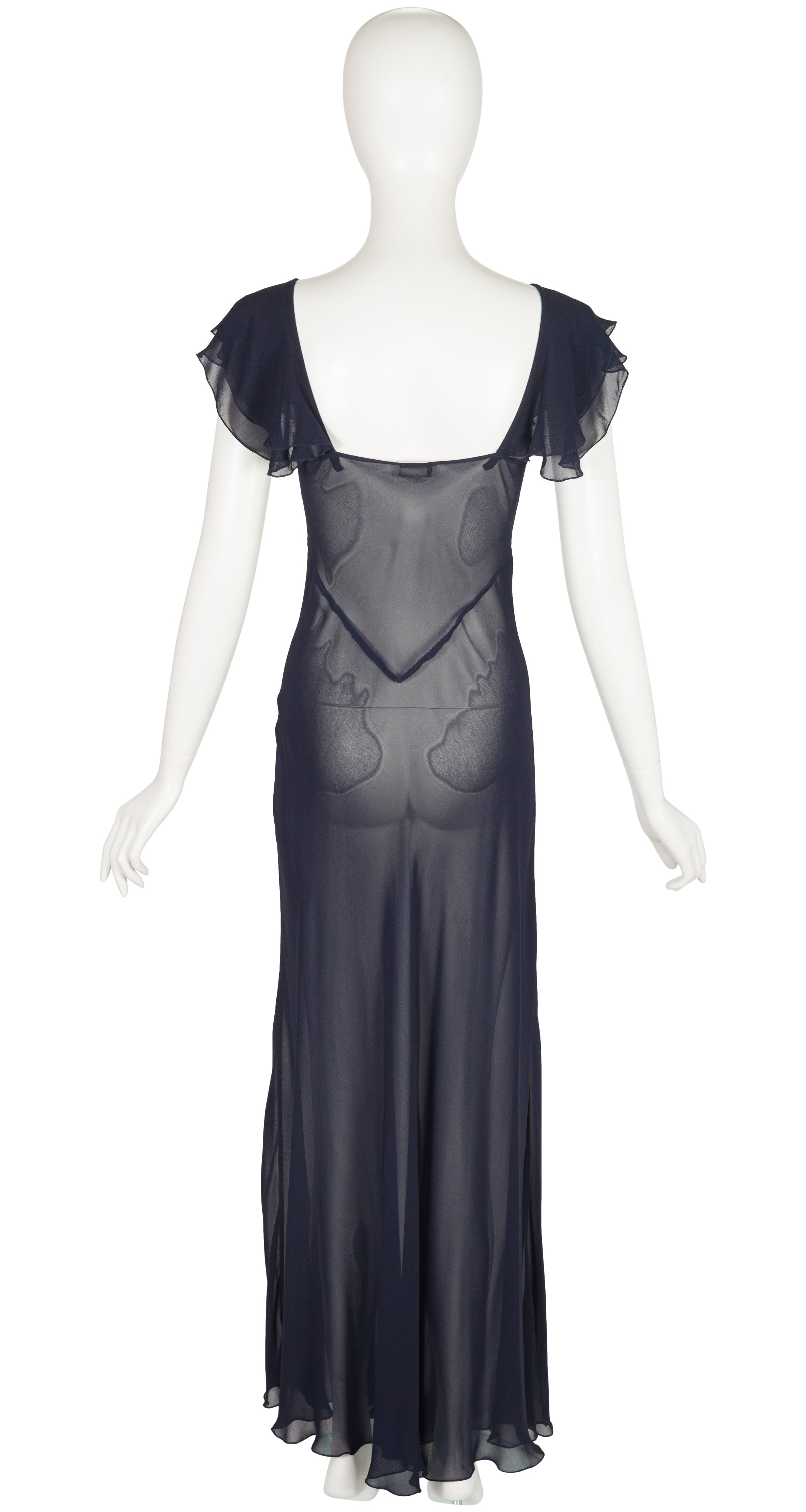 1997 S/S Navy Chiffon Bias-Cut Ruffle Neck Gown