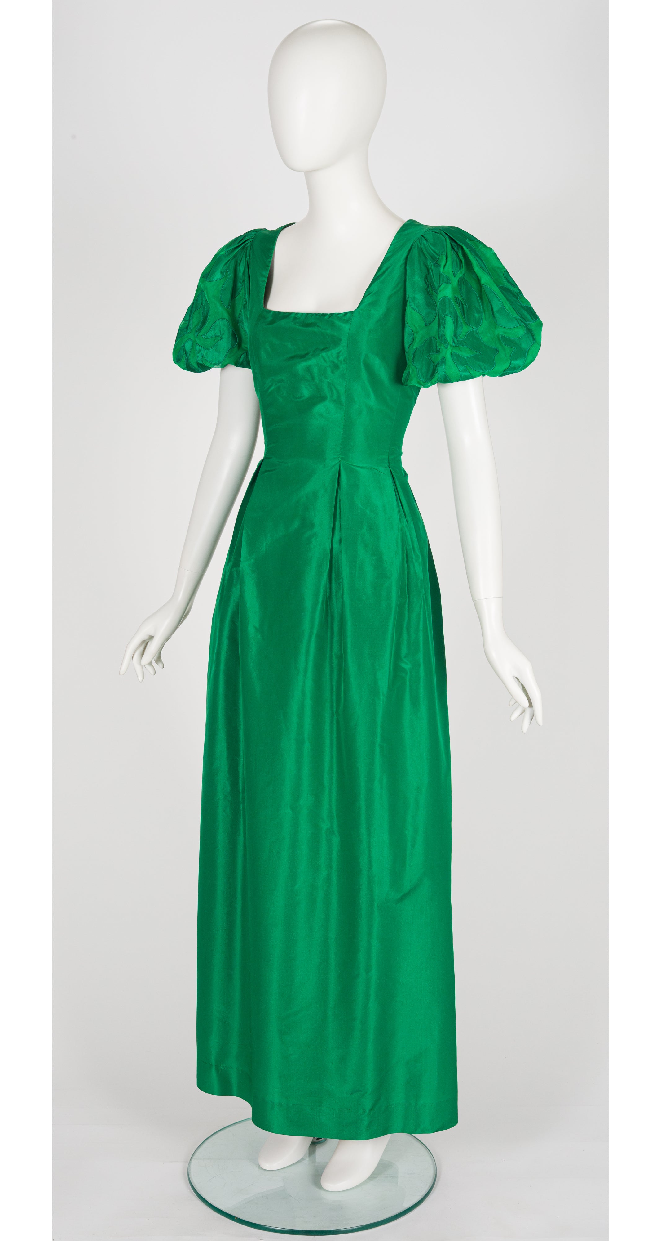1980s Green Silk Taffeta Puff Sleeve Evening Gown