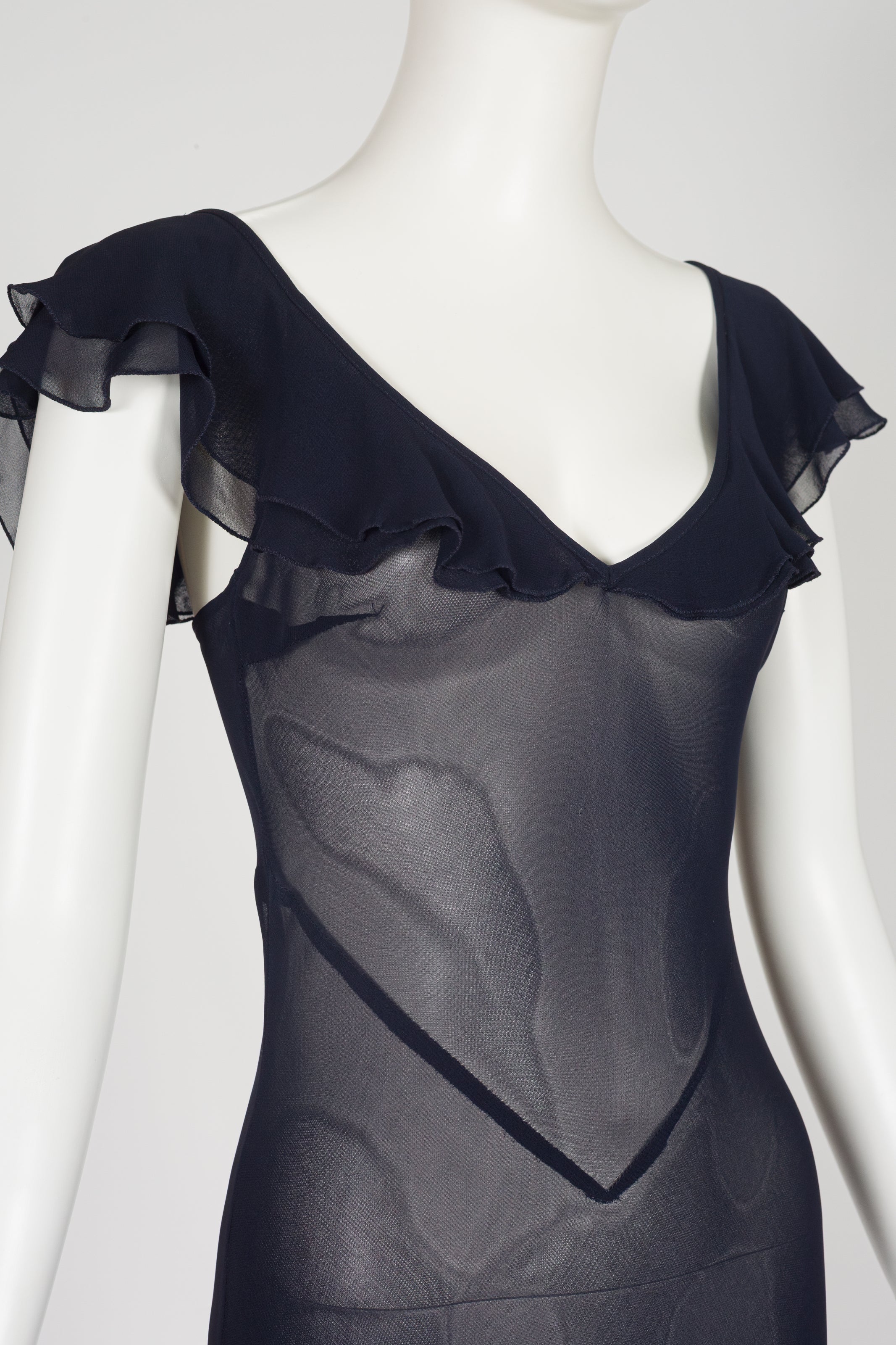 1997 S/S Navy Chiffon Bias-Cut Ruffle Neck Gown