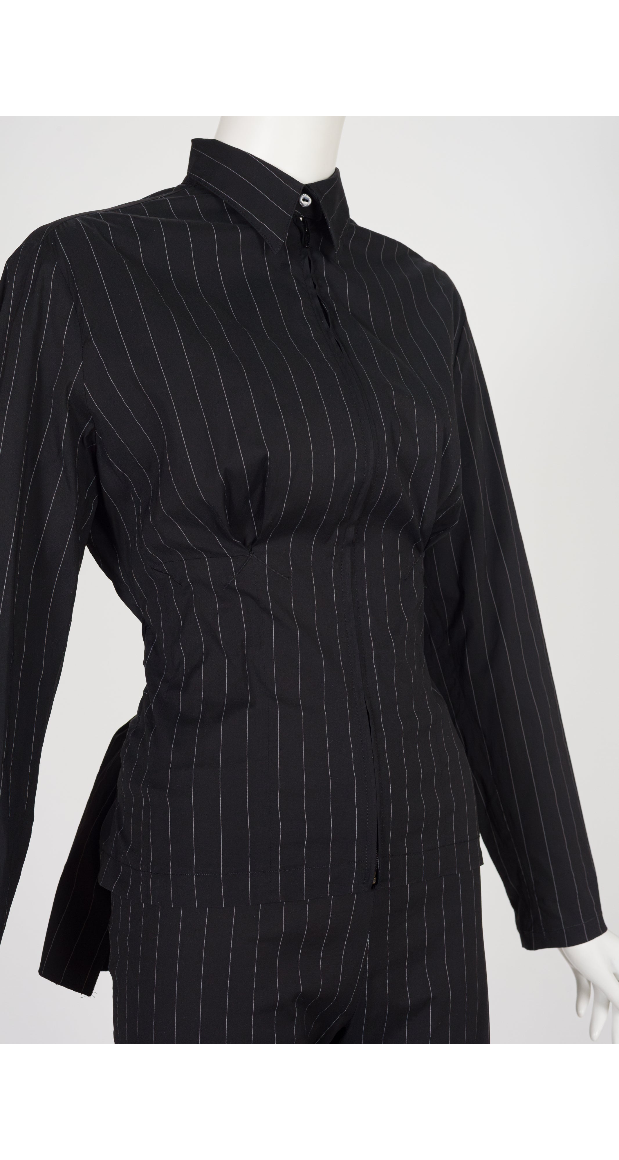 1990s Pinstripe Black Cotton Zip-Up Pant Suit