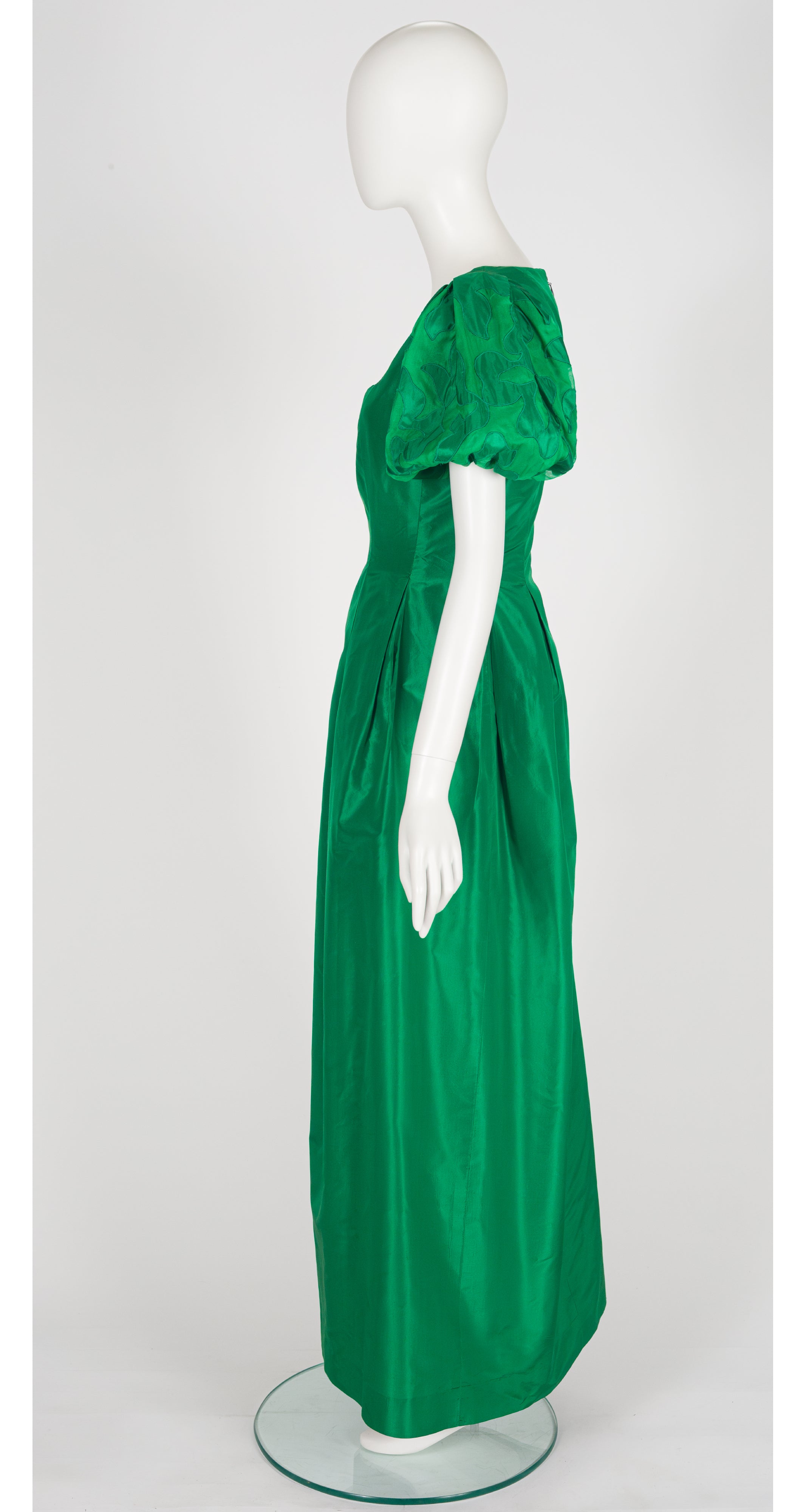 1980s Green Silk Taffeta Puff Sleeve Evening Gown