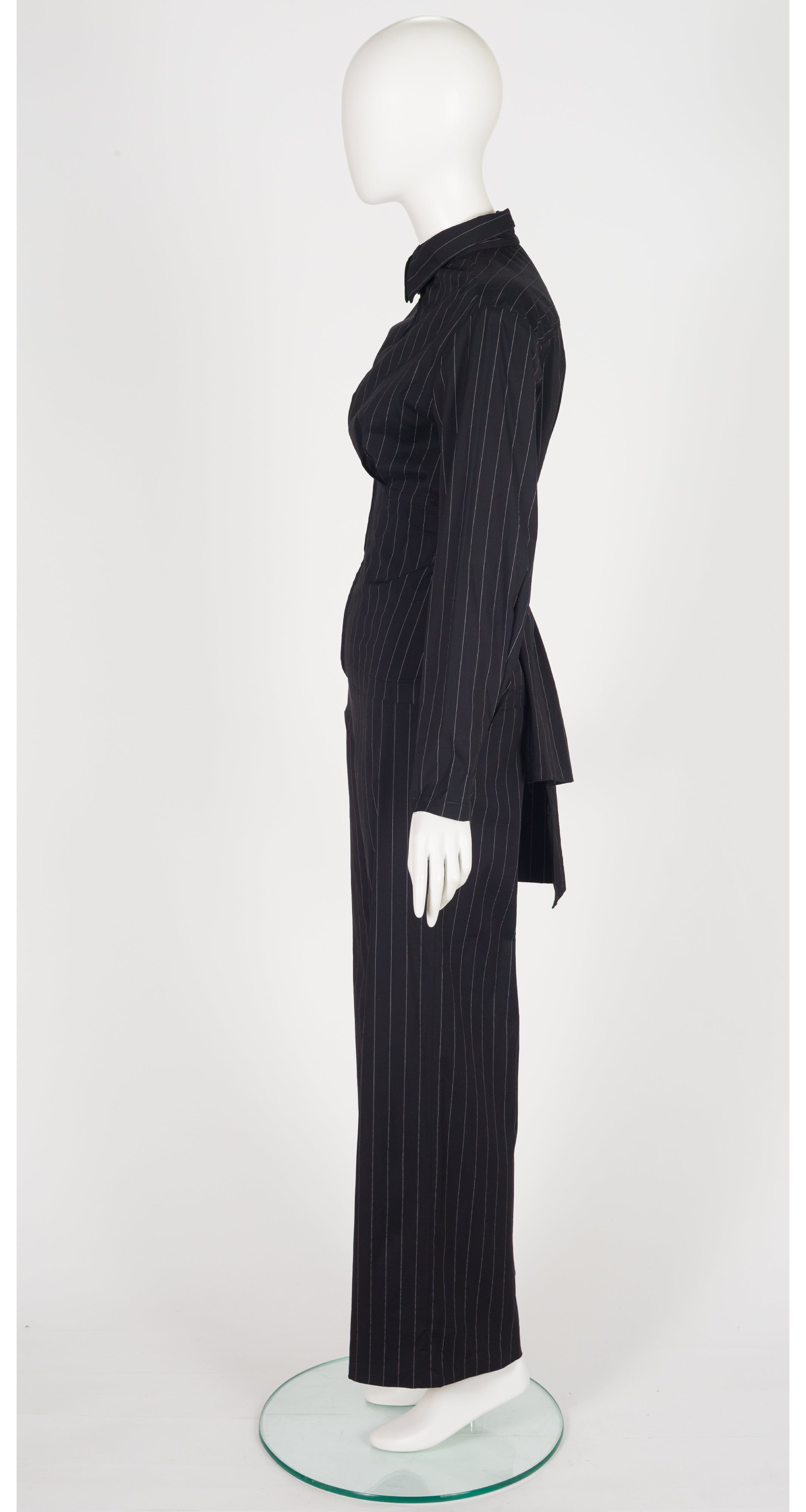 1990s Pinstripe Black Cotton Zip-Up Pant Suit