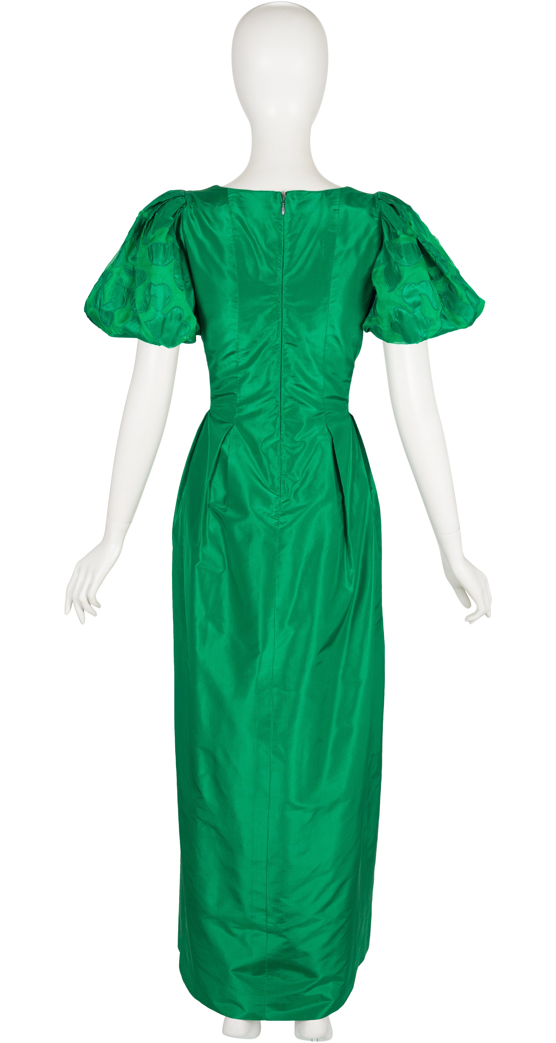 1980s Green Silk Taffeta Puff Sleeve Evening Gown