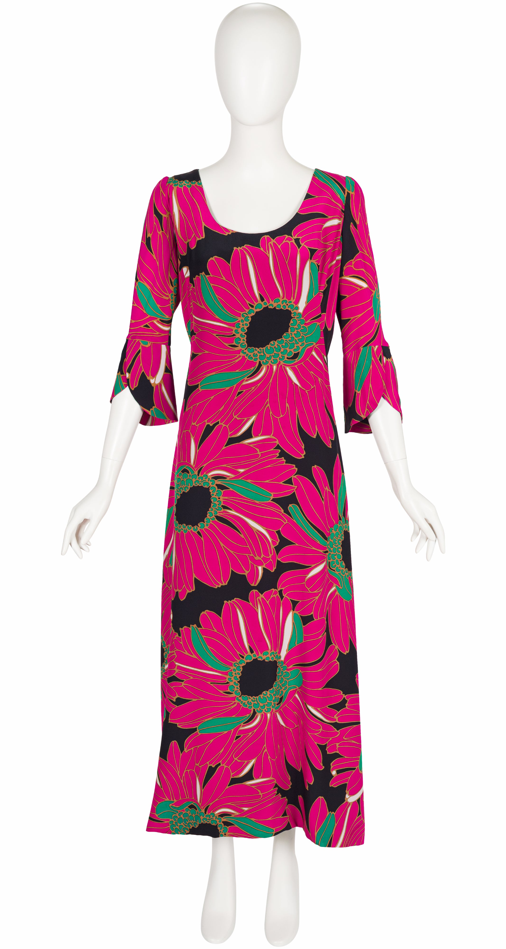 1960s Oversized Floral Print Black Silk Maxi Dress