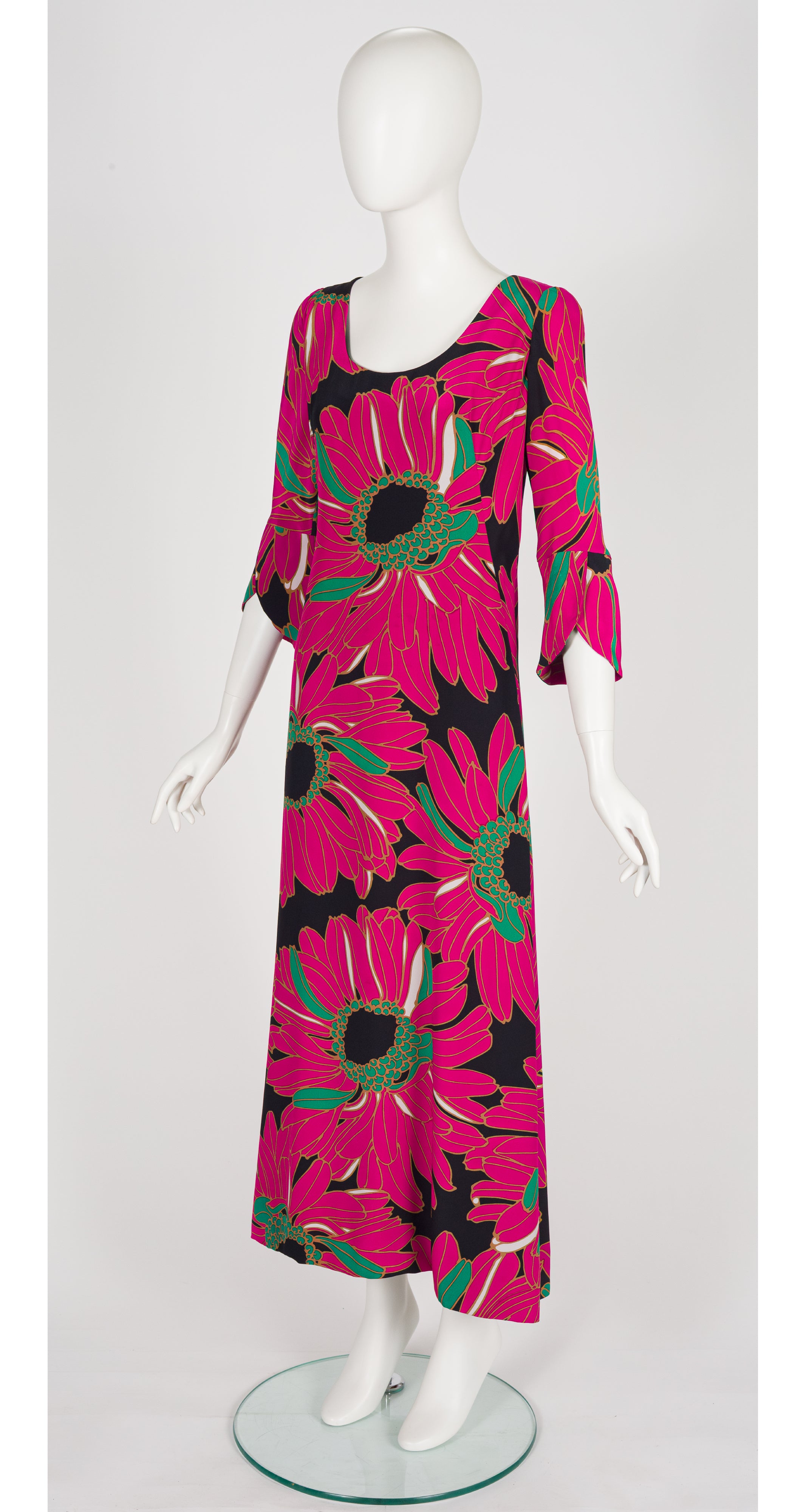 1960s Oversized Floral Print Black Silk Maxi Dress