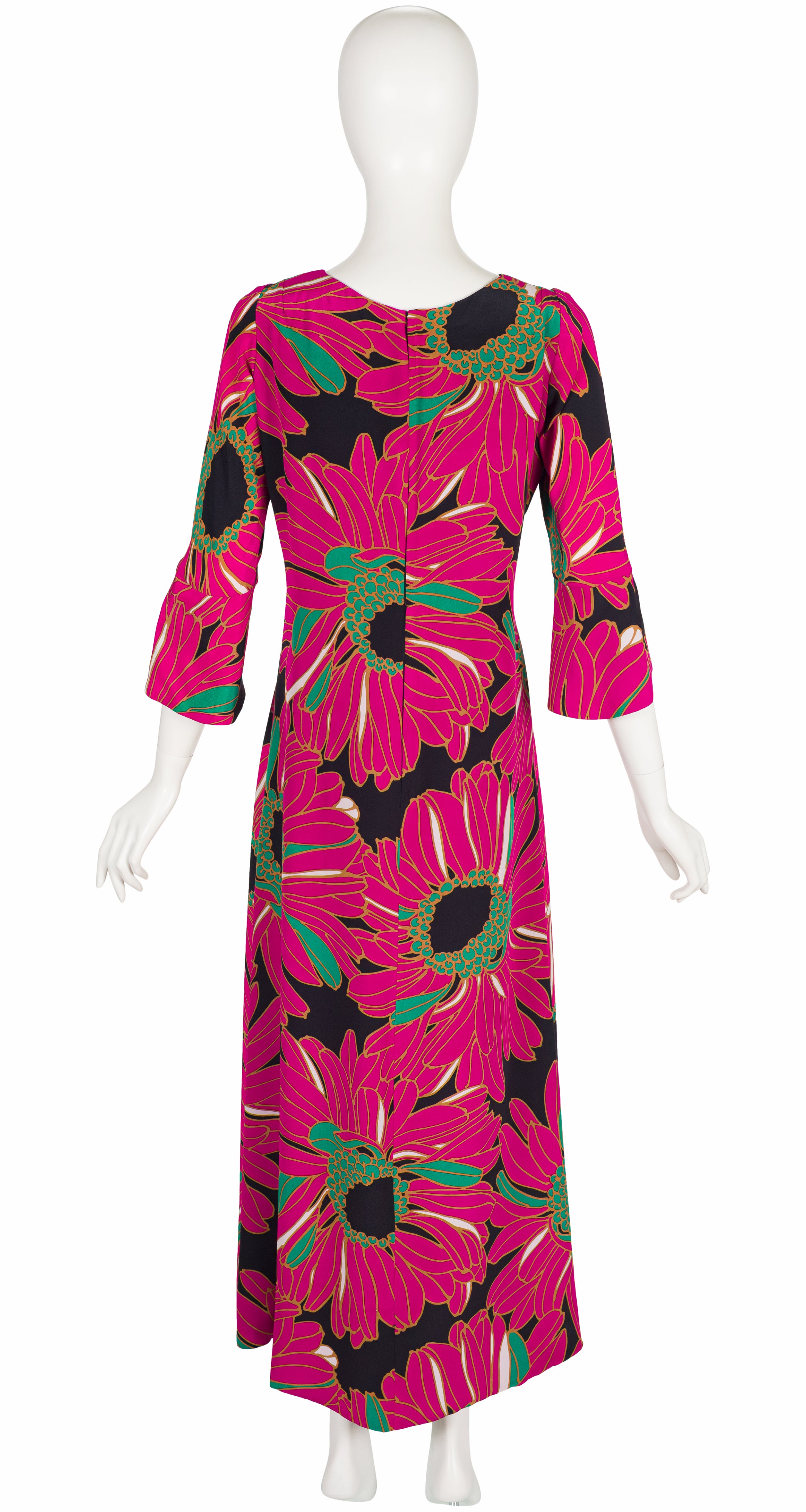 1960s Oversized Floral Print Black Silk Maxi Dress