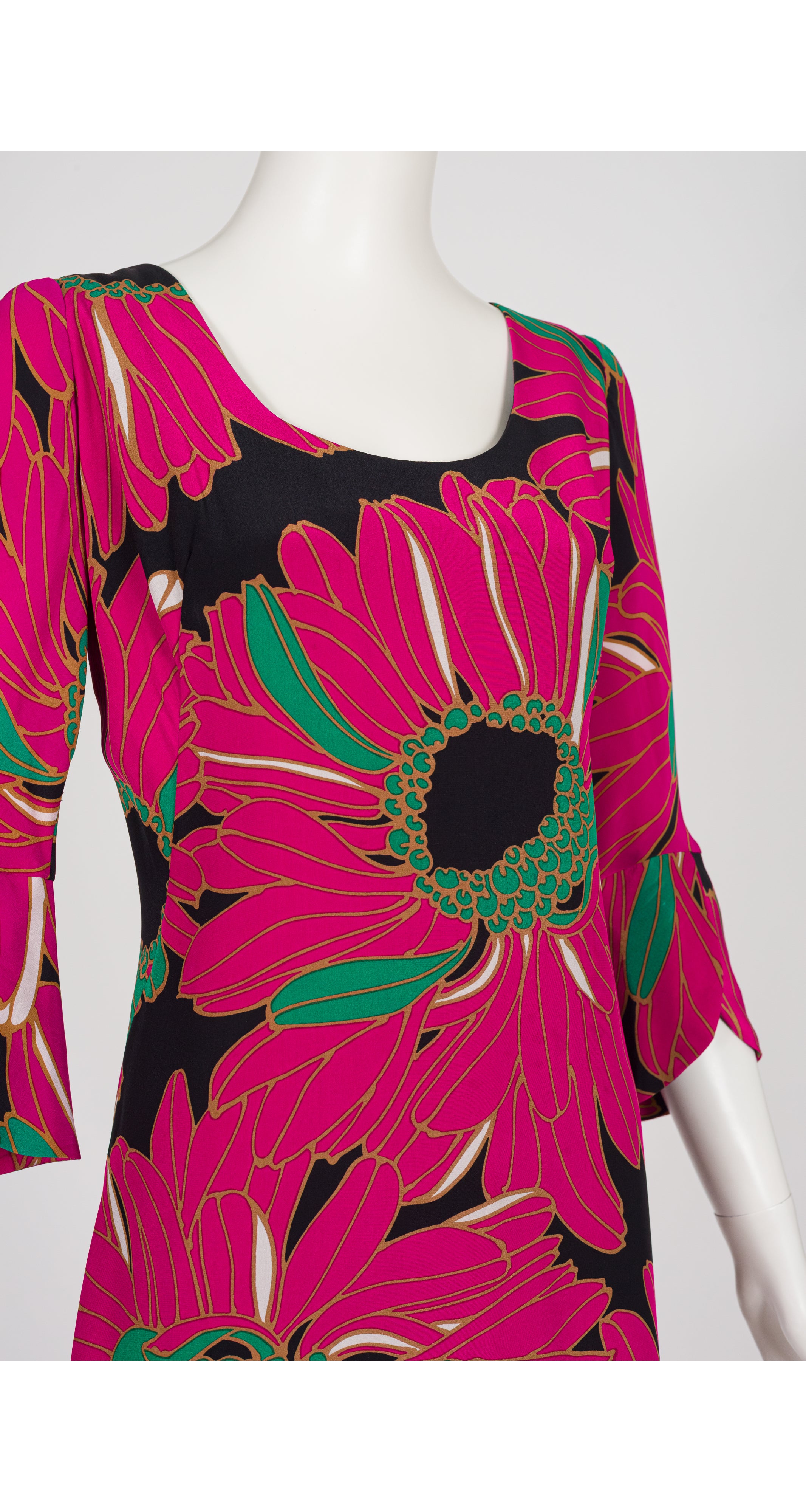 1960s Oversized Floral Print Black Silk Maxi Dress