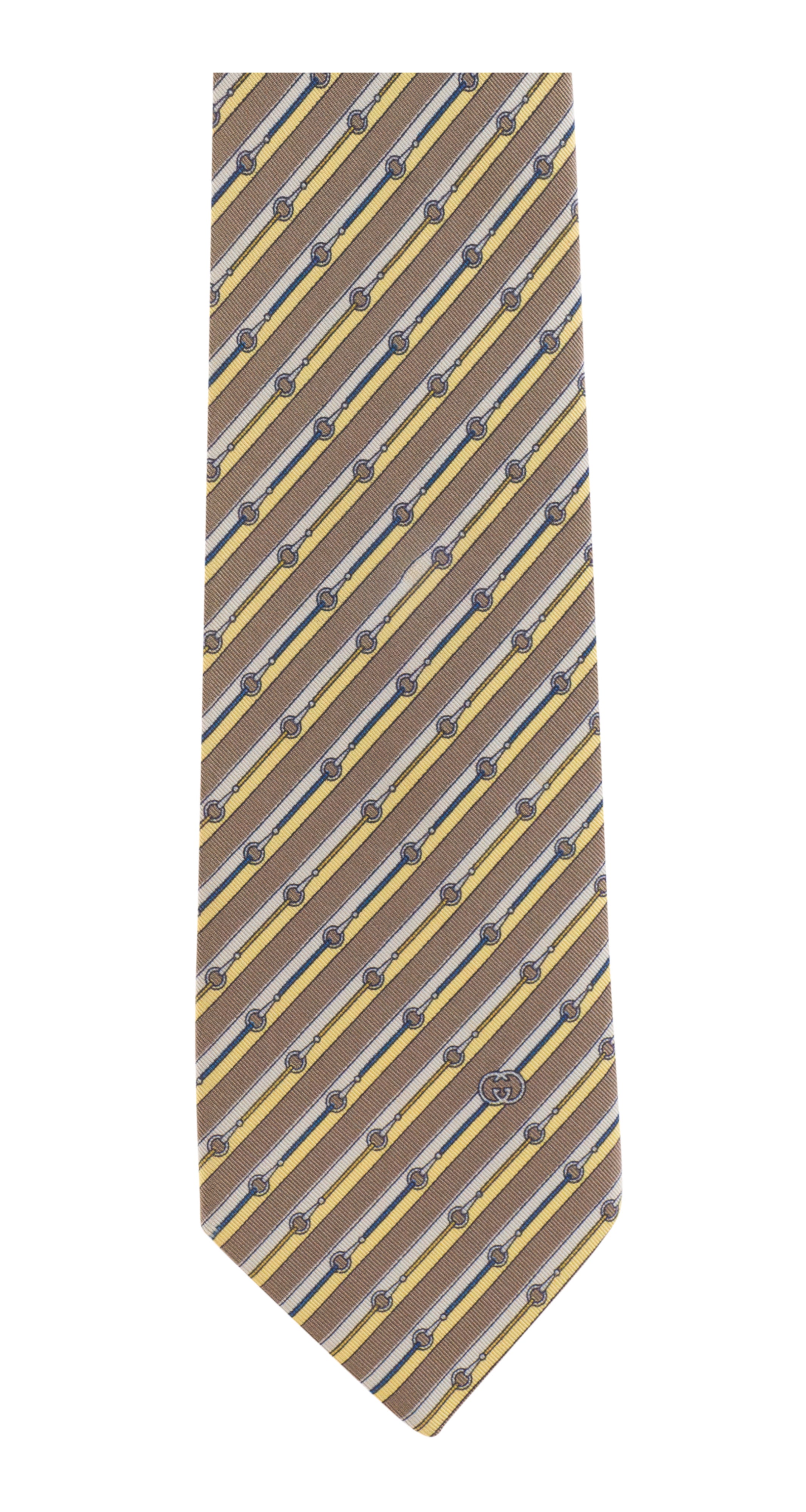 1970s Horsebit Print Beige Silk Twill Men's Tie