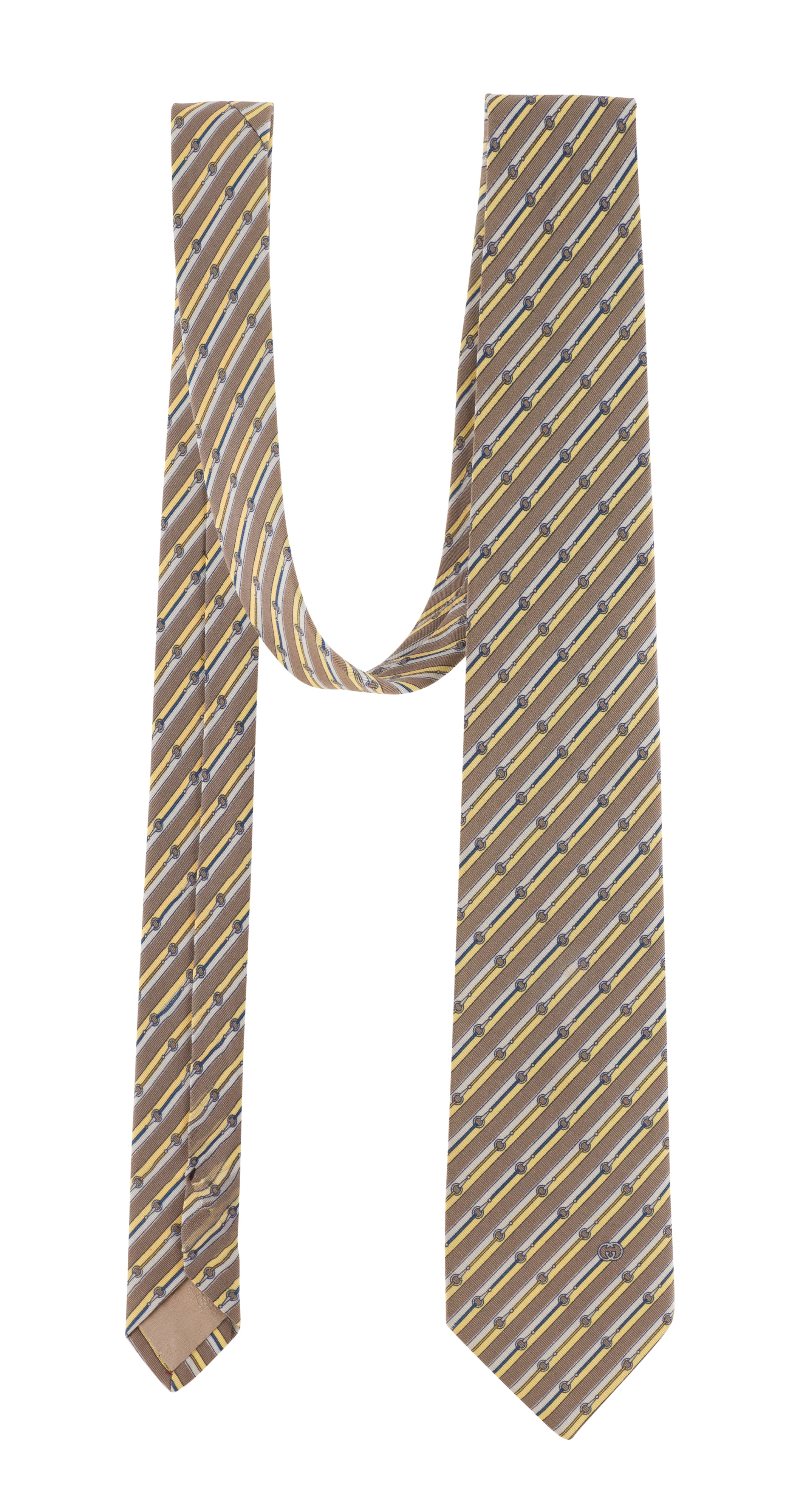 1970s Horsebit Print Beige Silk Twill Men's Tie