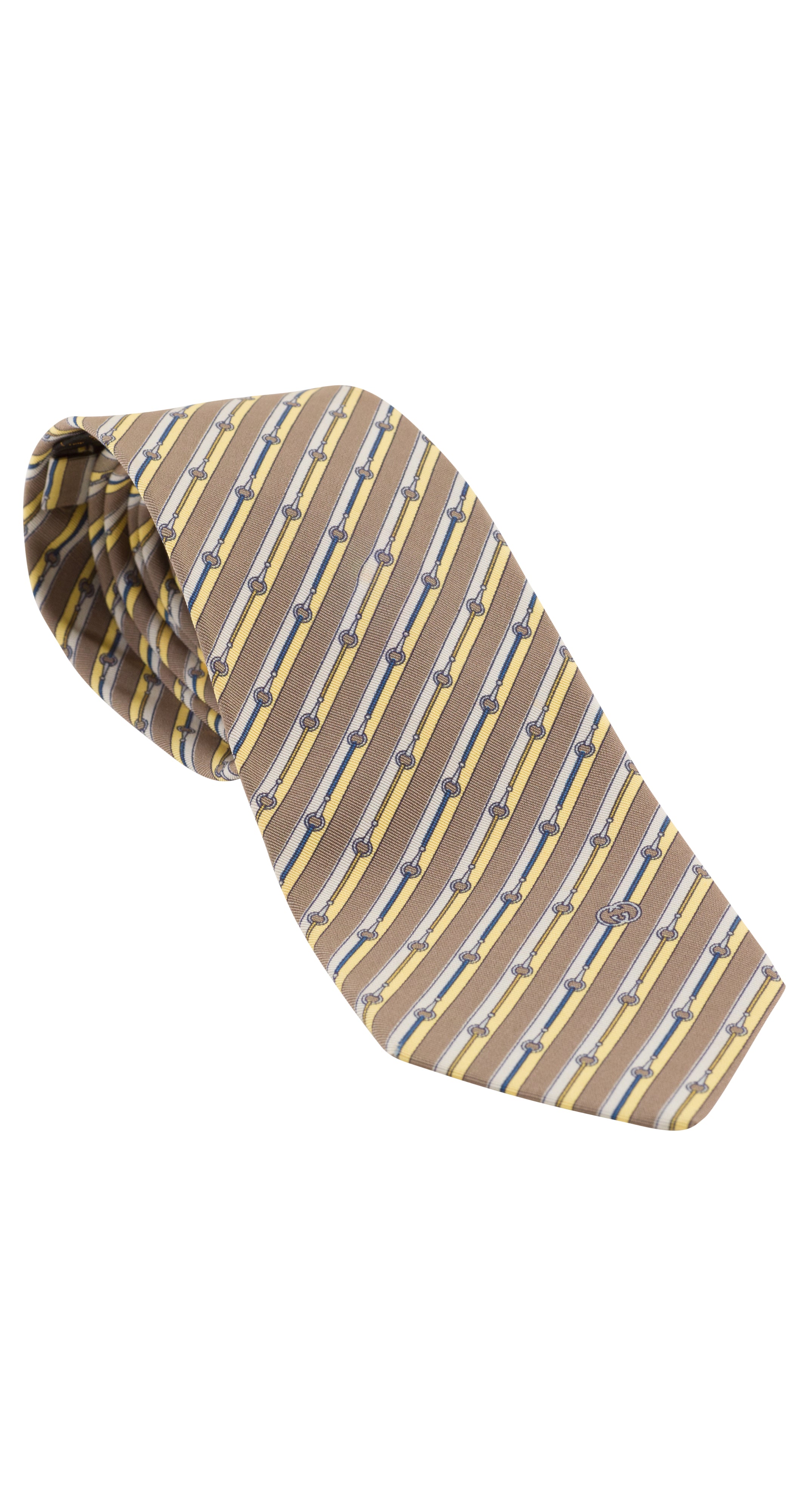 1970s Horsebit Print Beige Silk Twill Men's Tie