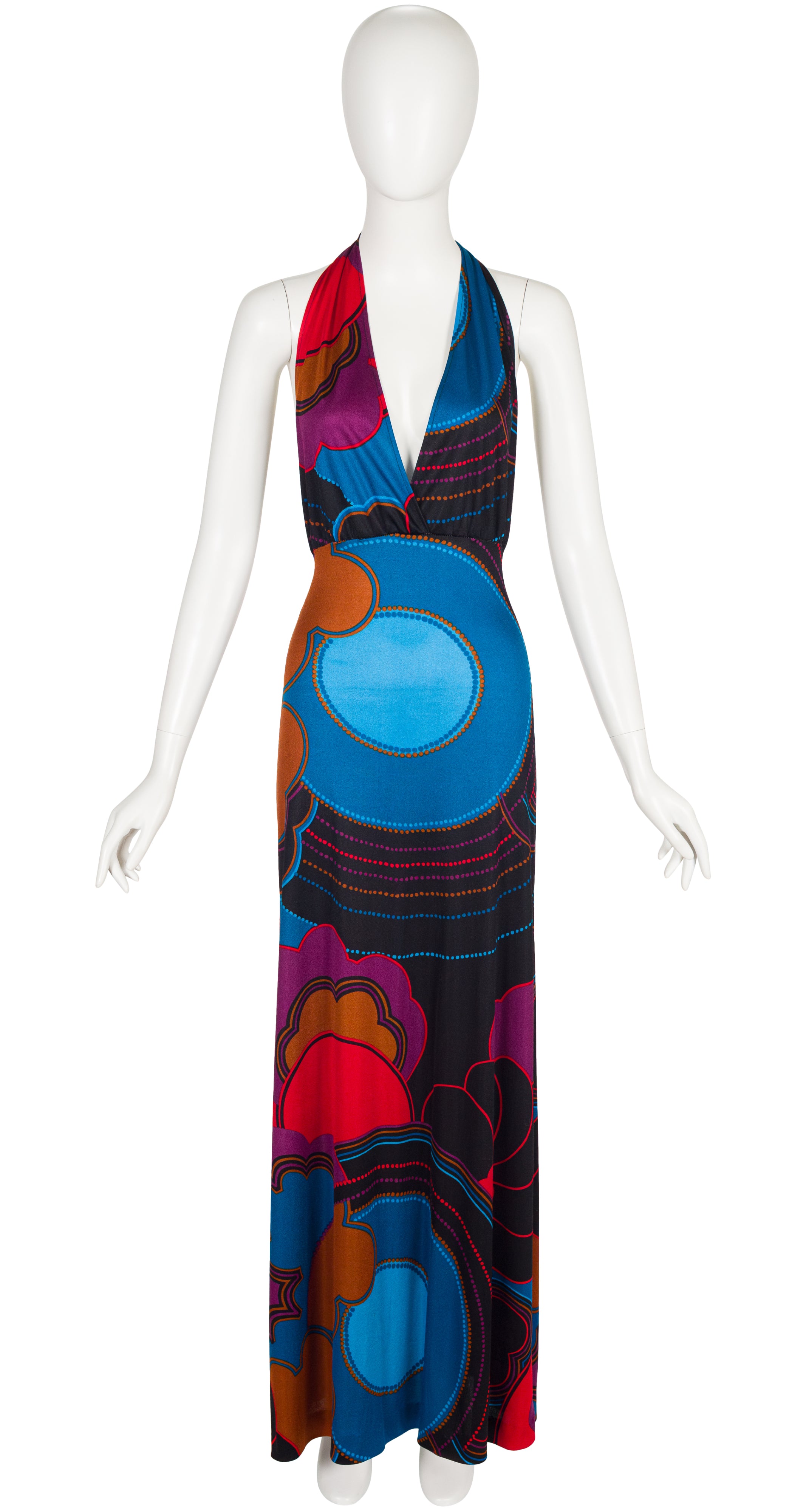 1970s Geometric Print Black Jersey Halter Neck Maxi Dress