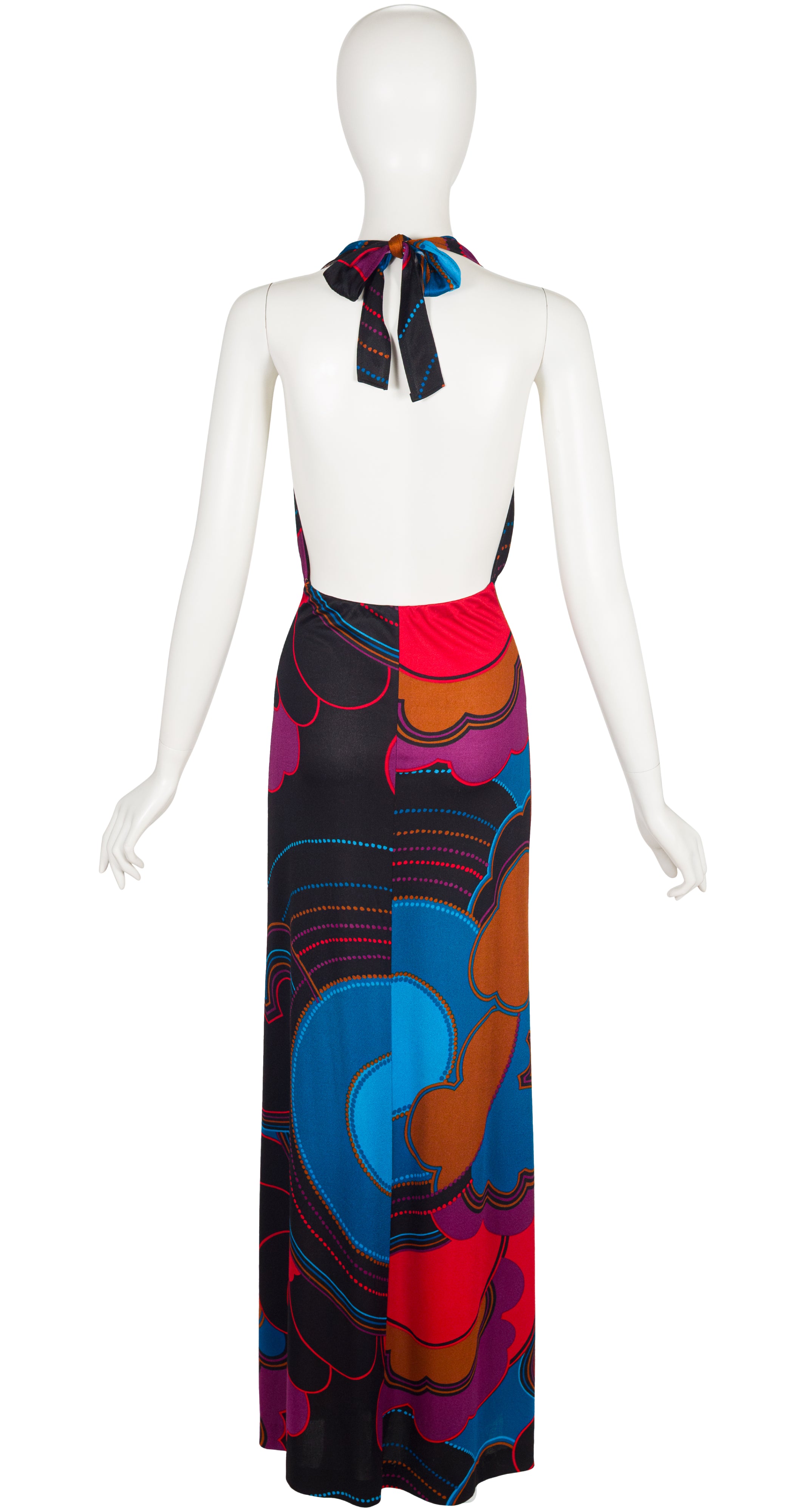 1970s Geometric Print Black Jersey Halter Neck Maxi Dress