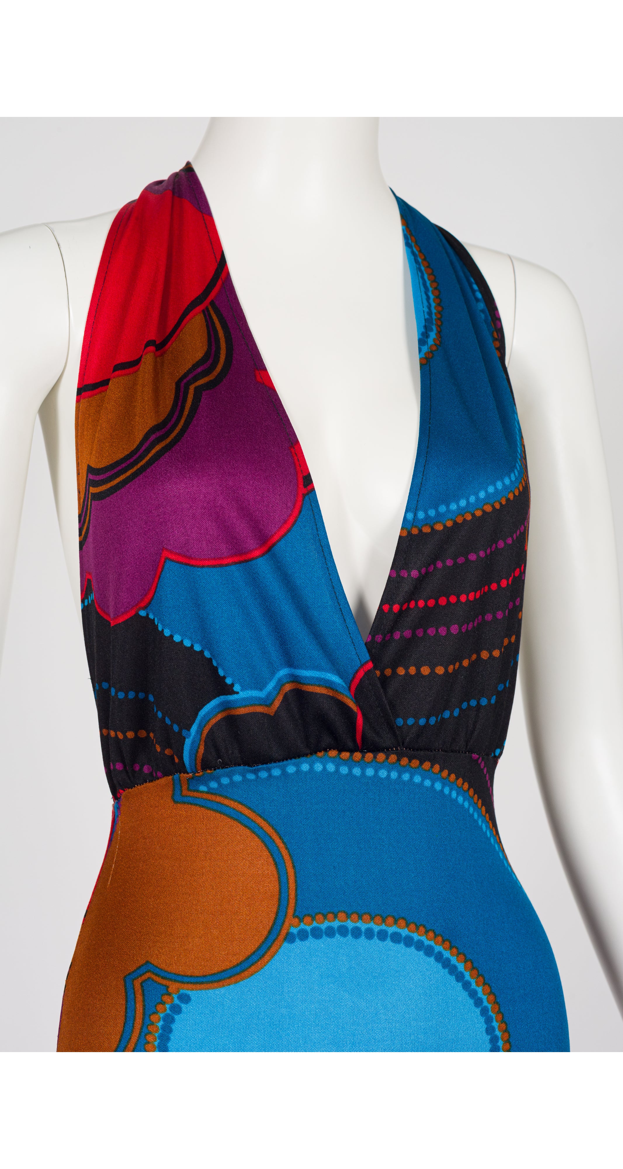 1970s Geometric Print Black Jersey Halter Neck Maxi Dress