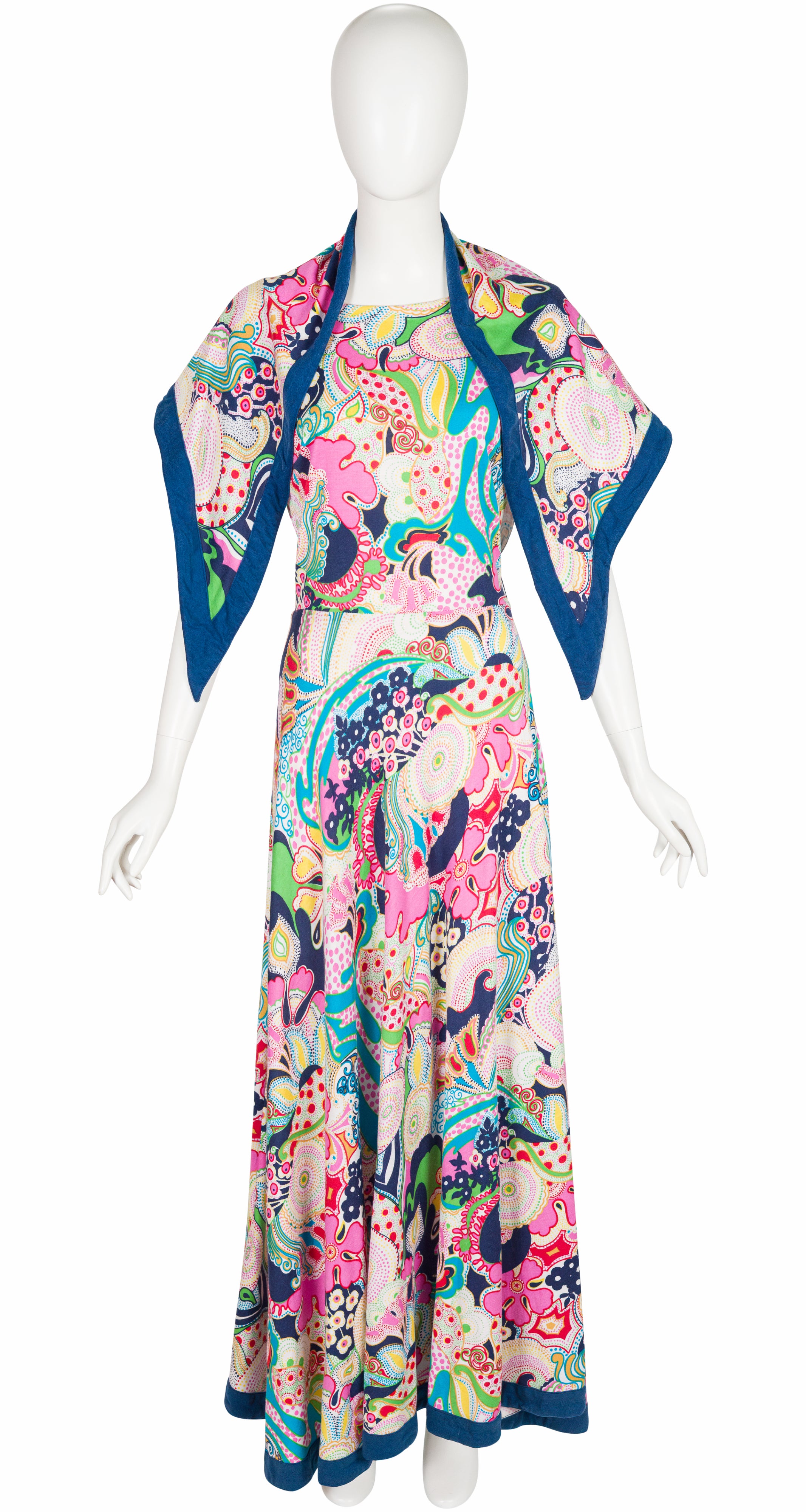 1970s Abstract Print Cotton Jersey Maxi Dress & Scarf Set