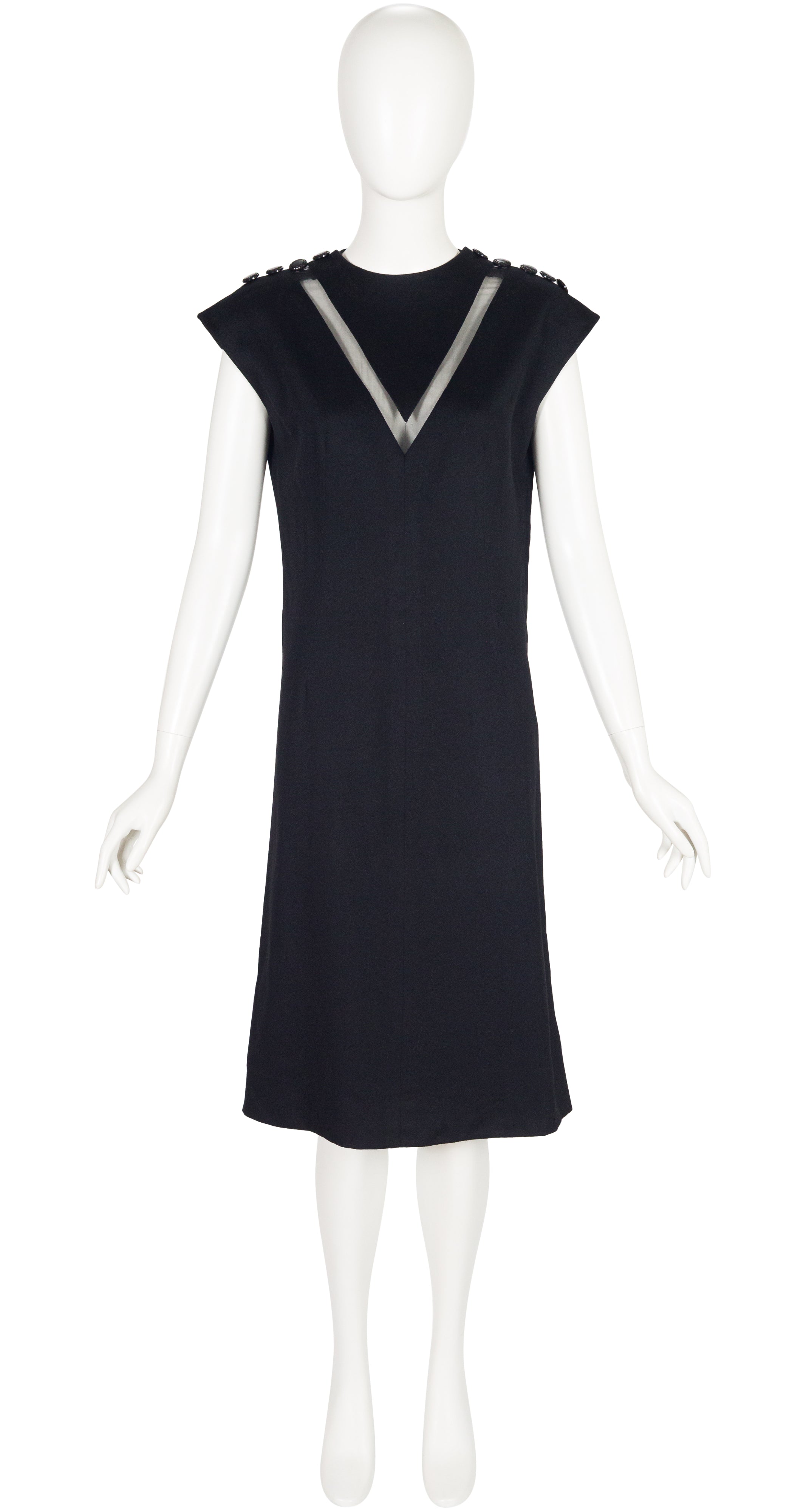 1960s Black Wool V Inset Cap Sleeve Shift Dress