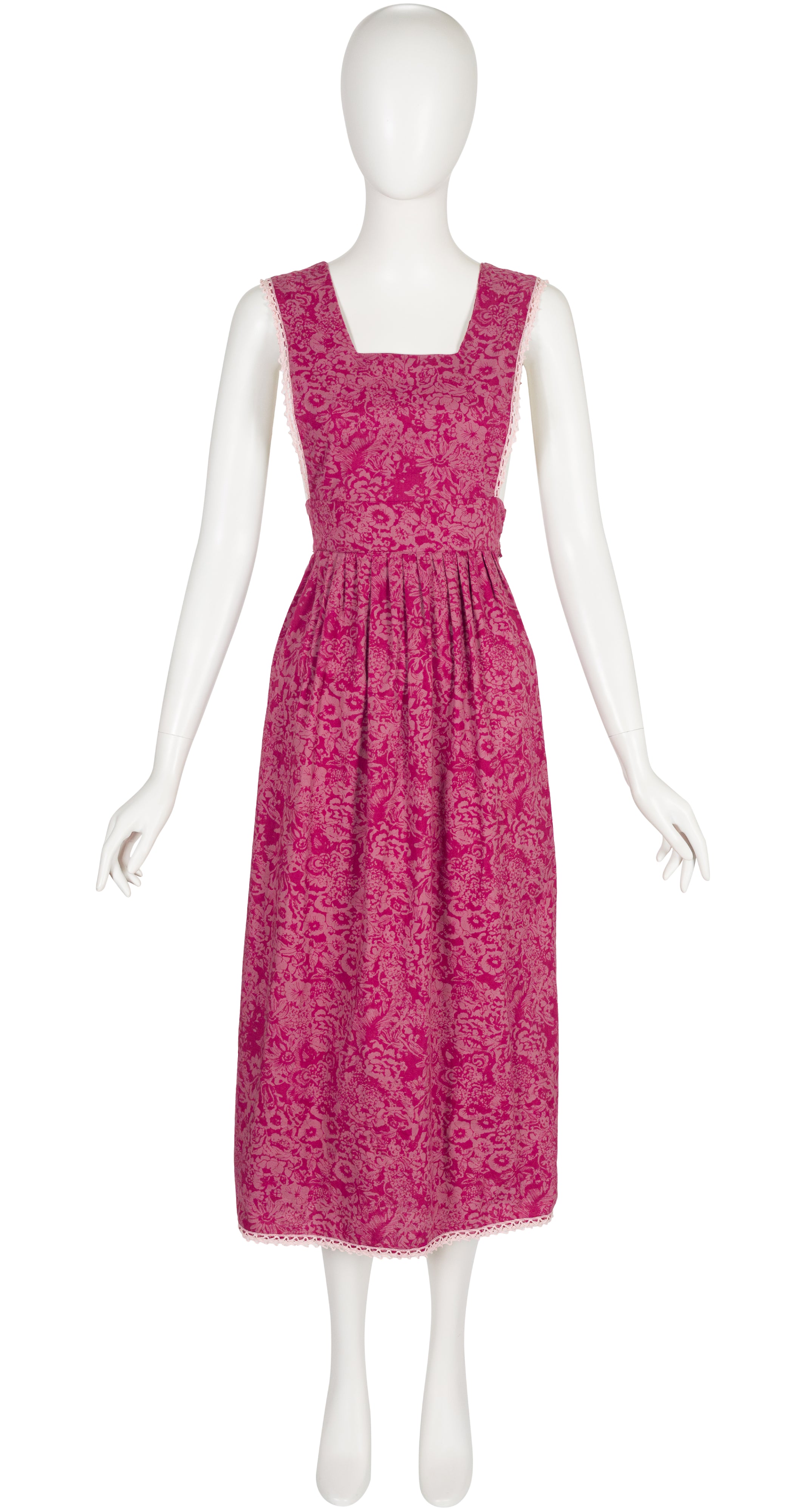 1970s Floral Cotton Prairie Tabard Pinafore Dress