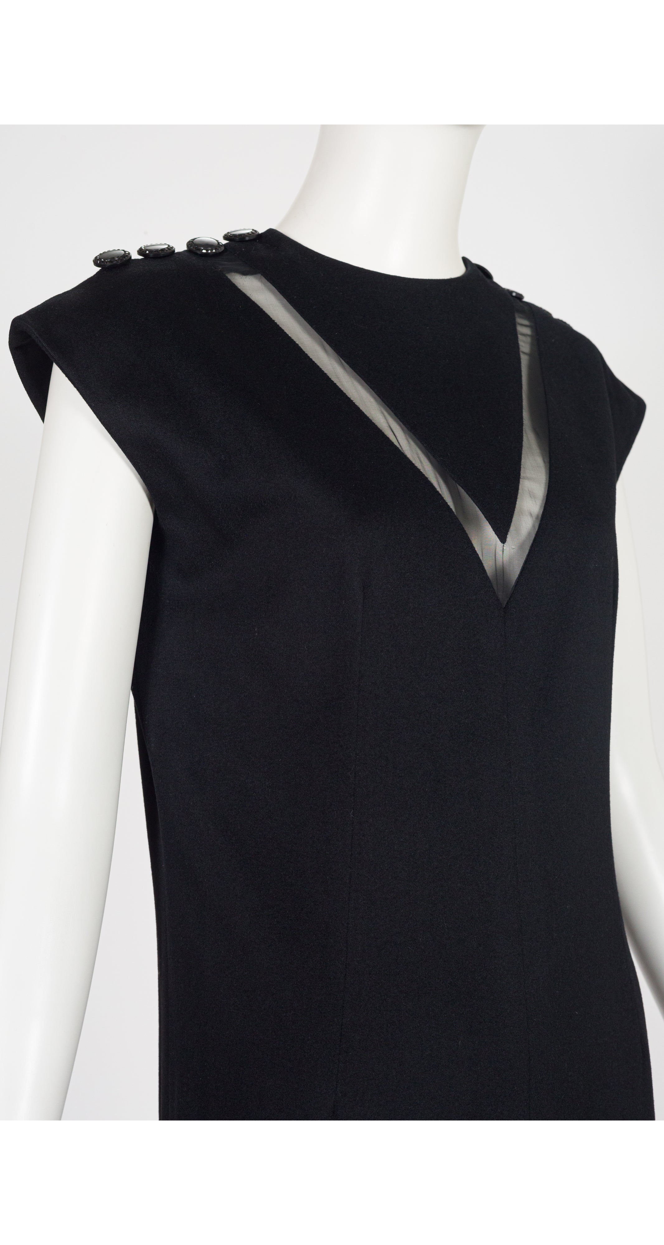 1960s Black Wool V Inset Cap Sleeve Shift Dress