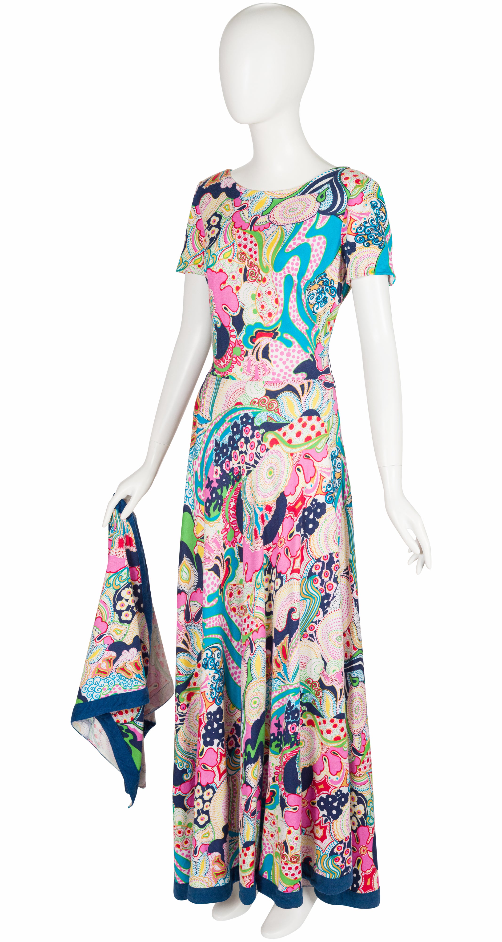 1970s Abstract Print Cotton Jersey Maxi Dress & Scarf Set