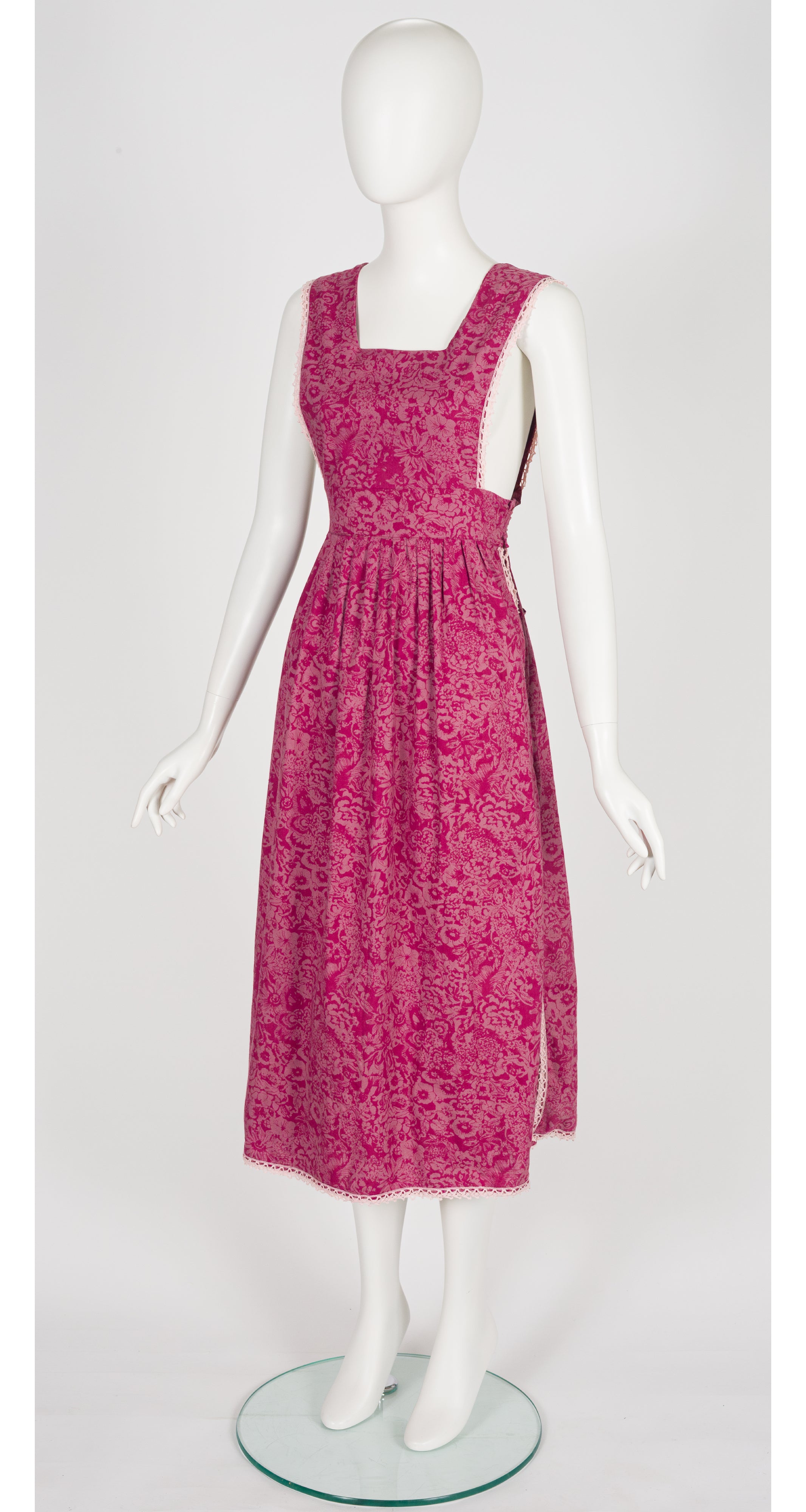 1970s Floral Cotton Prairie Tabard Pinafore Dress