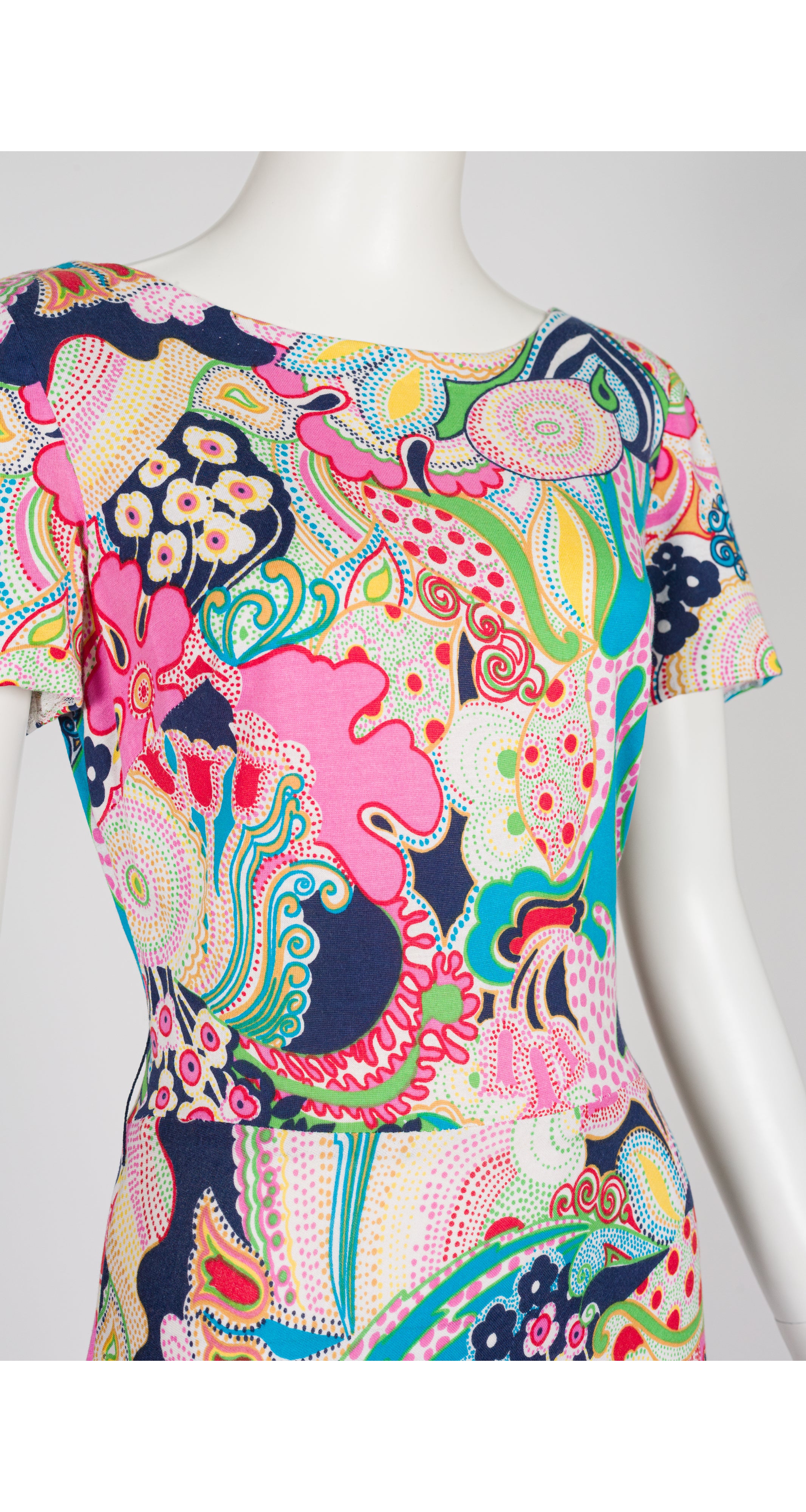 1970s Abstract Print Cotton Jersey Maxi Dress & Scarf Set