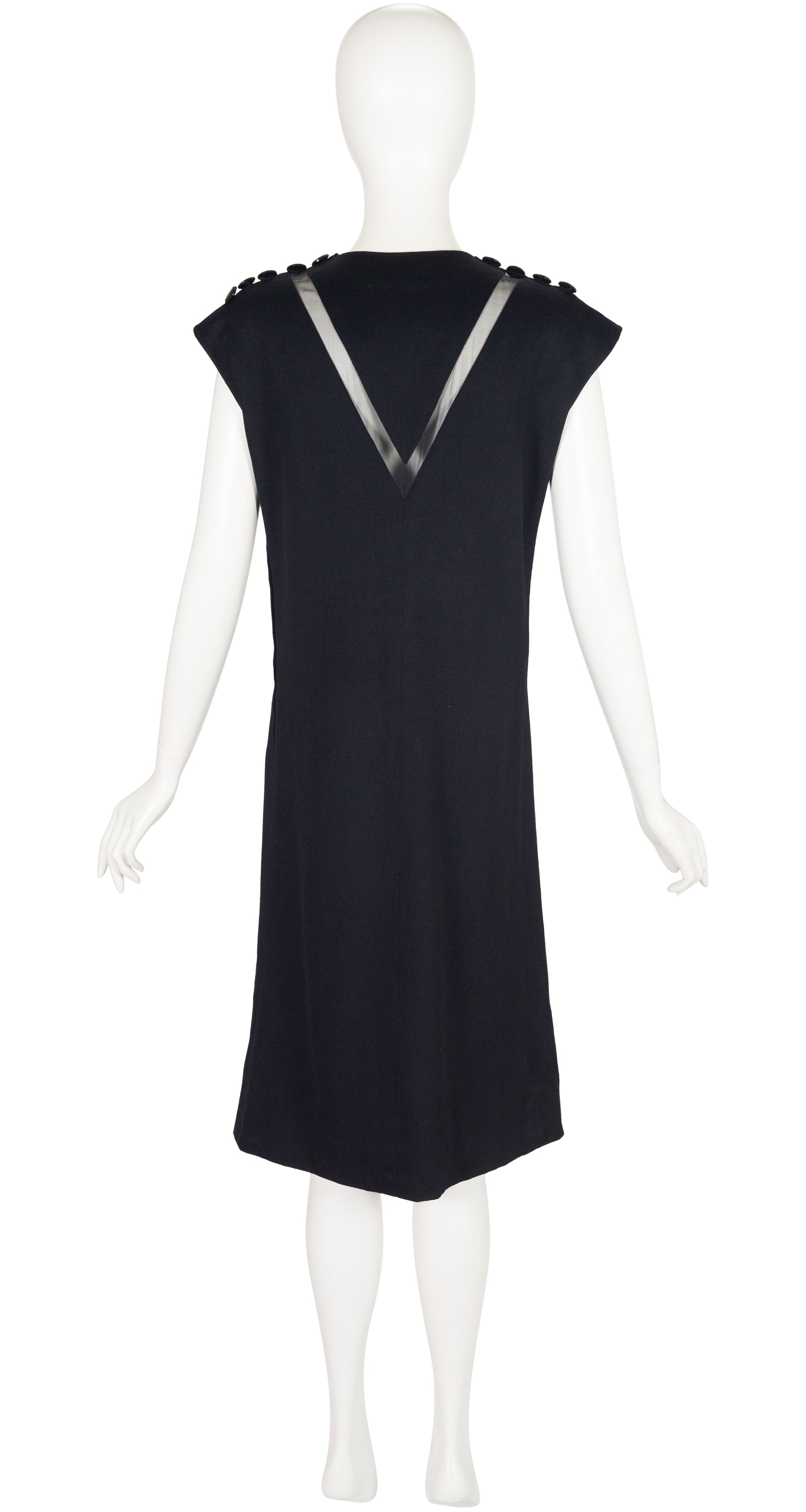 1960s Black Wool V Inset Cap Sleeve Shift Dress