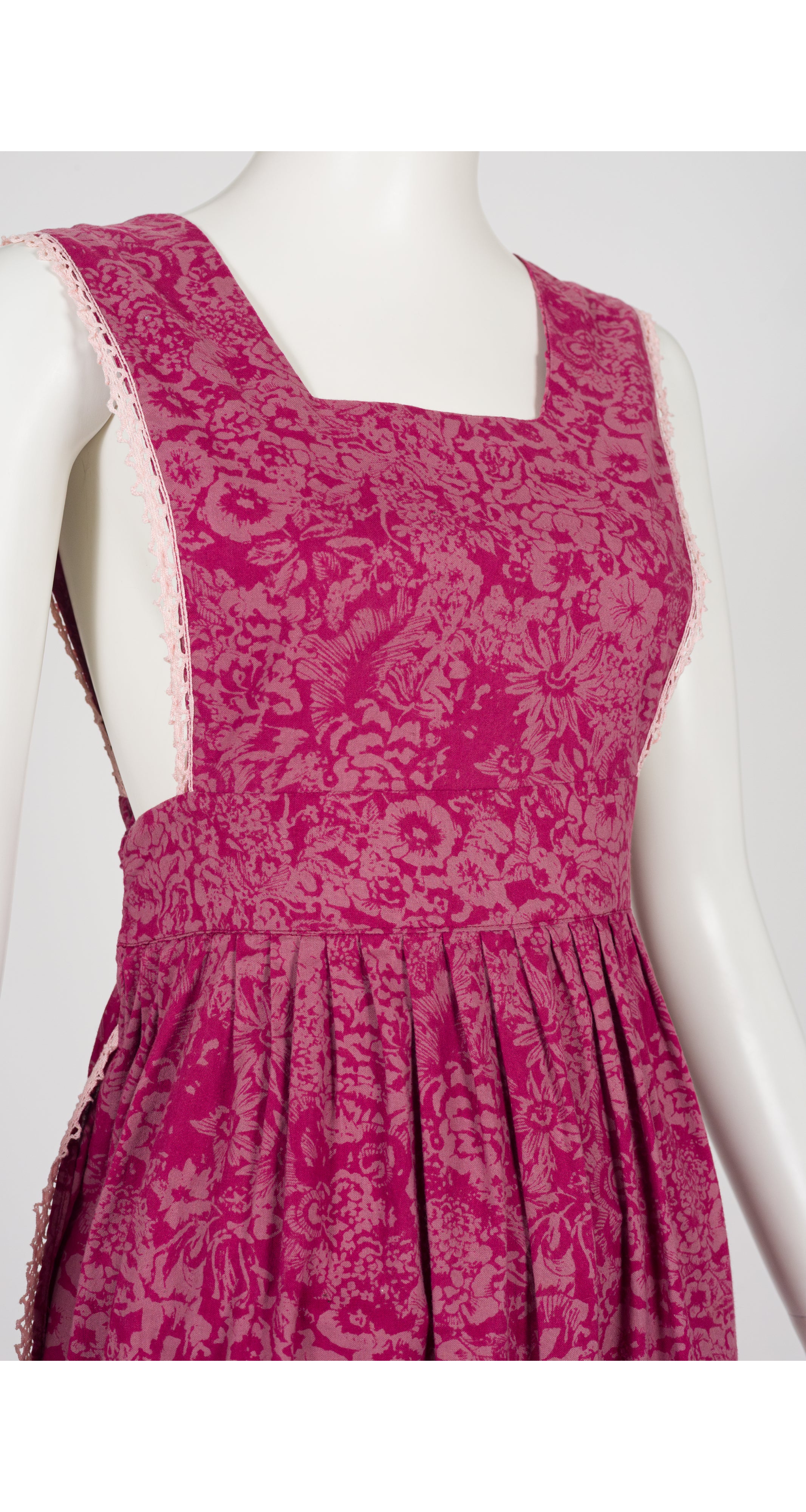 1970s Floral Cotton Prairie Tabard Pinafore Dress