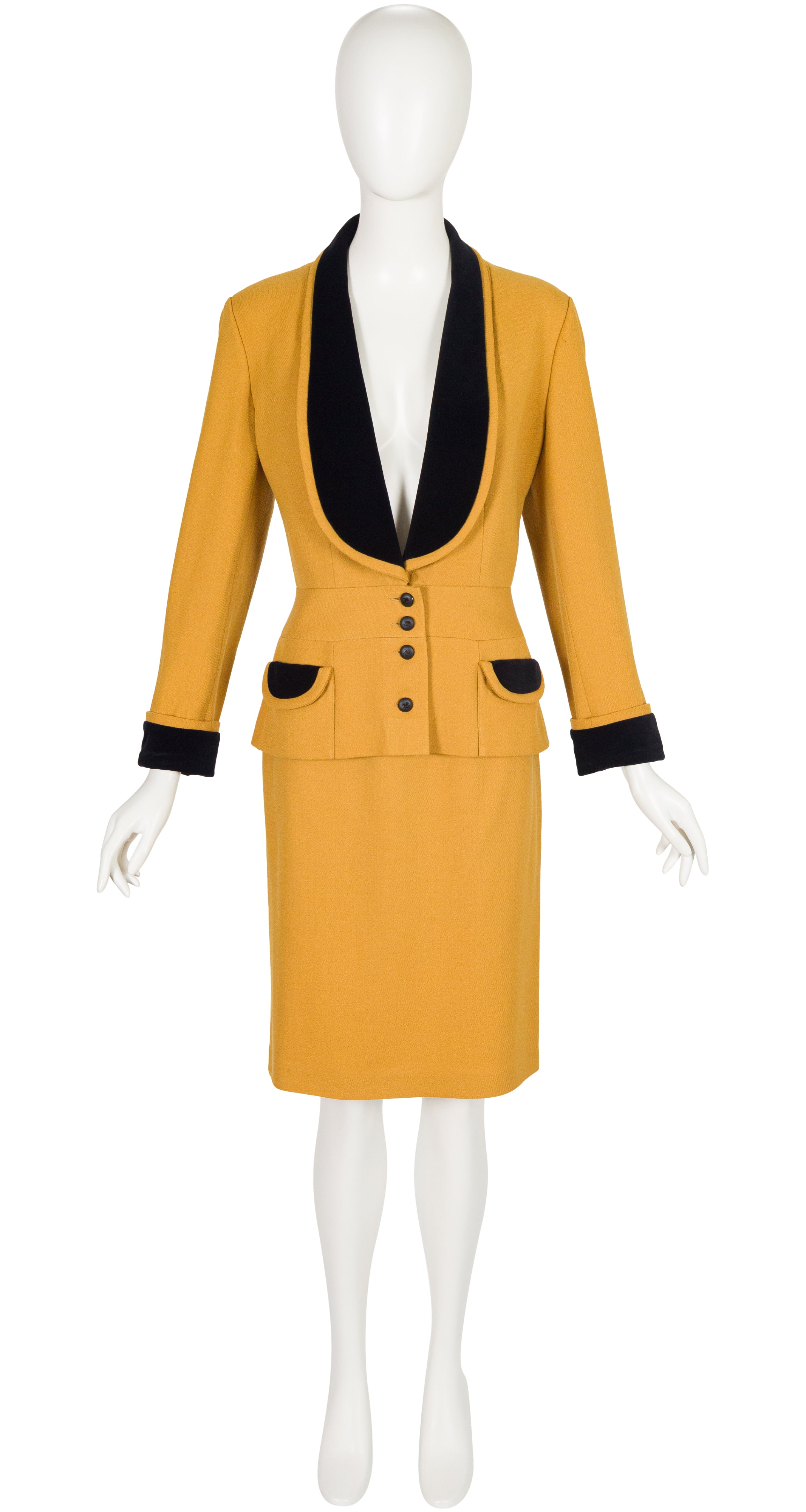 1989-90 F/W Mustard Wool & Black Velvet Skirt Suit