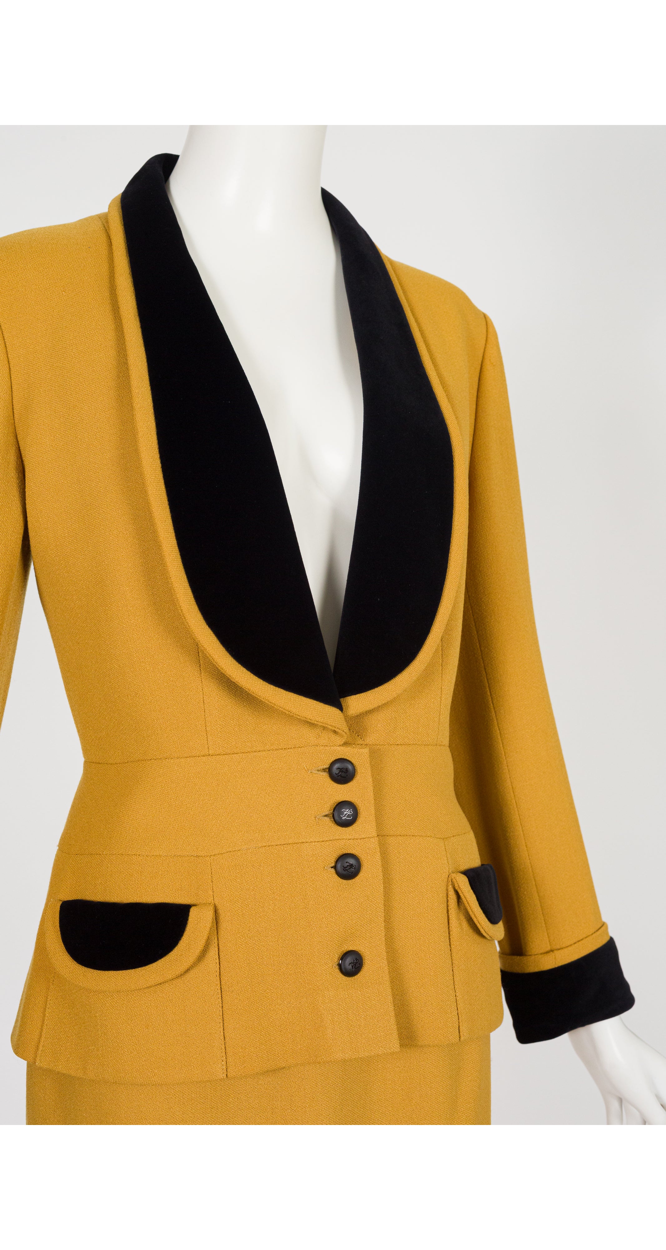 1989-90 F/W Mustard Wool & Black Velvet Skirt Suit