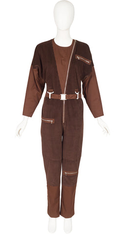 1980s Brown Corduroy Dolman Sleeve Zip Flight Suit