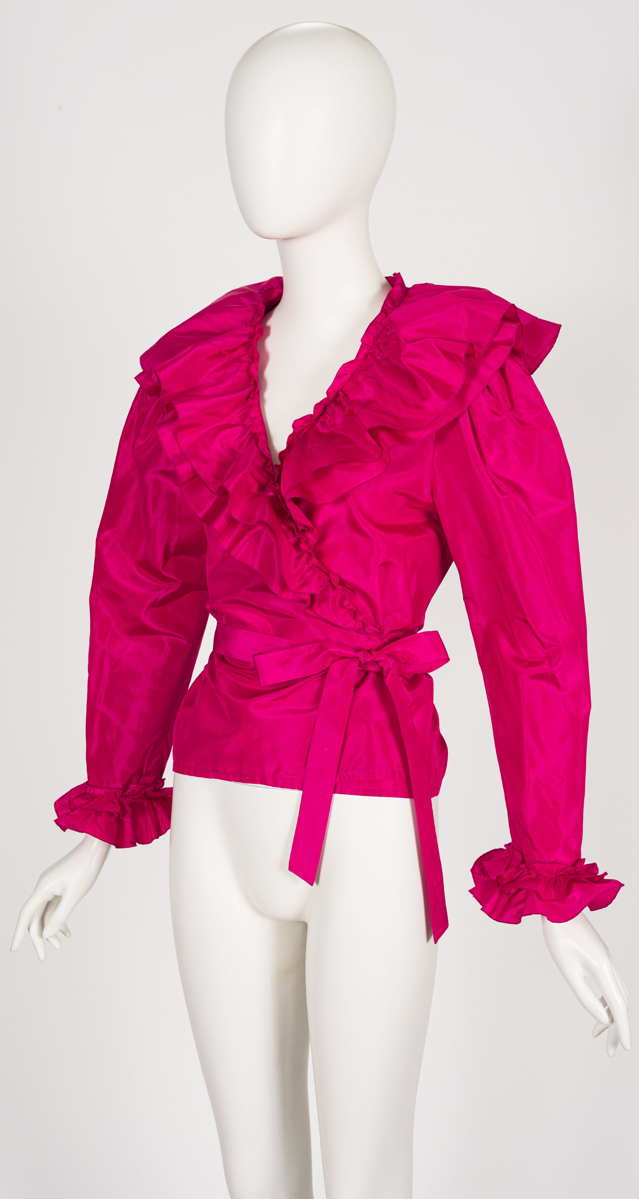 1970s Fuchsia Silk Taffeta Ruffle Wrap Blouse