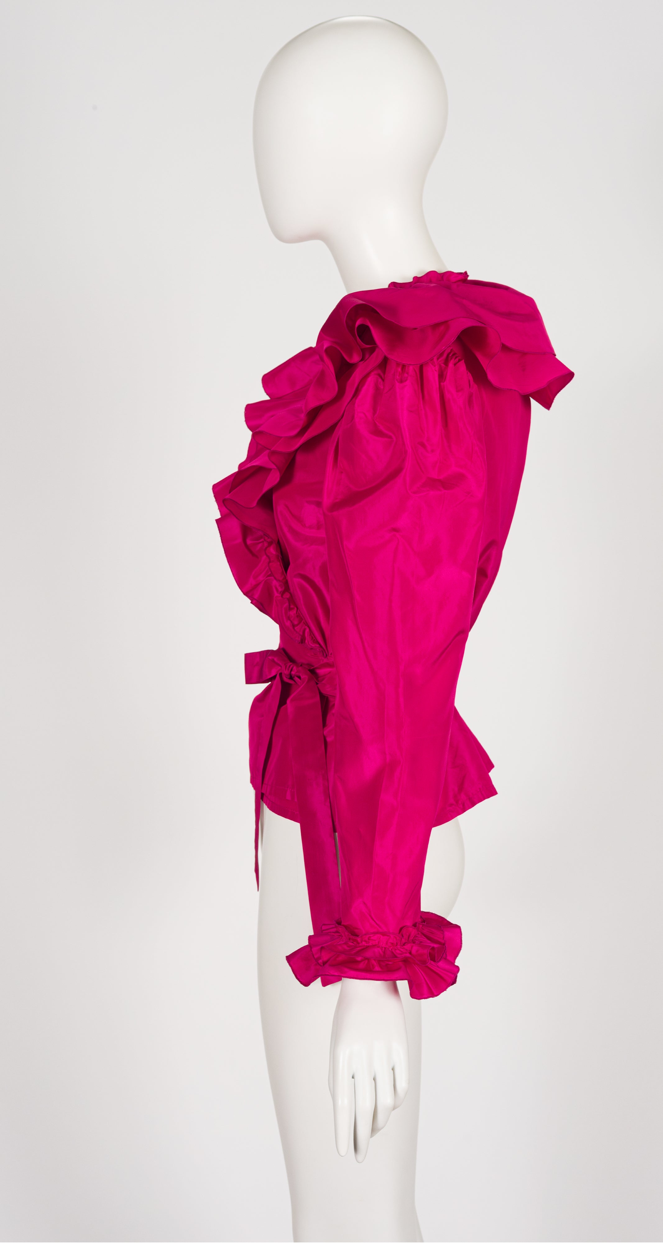 1970s Fuchsia Silk Taffeta Ruffle Wrap Blouse