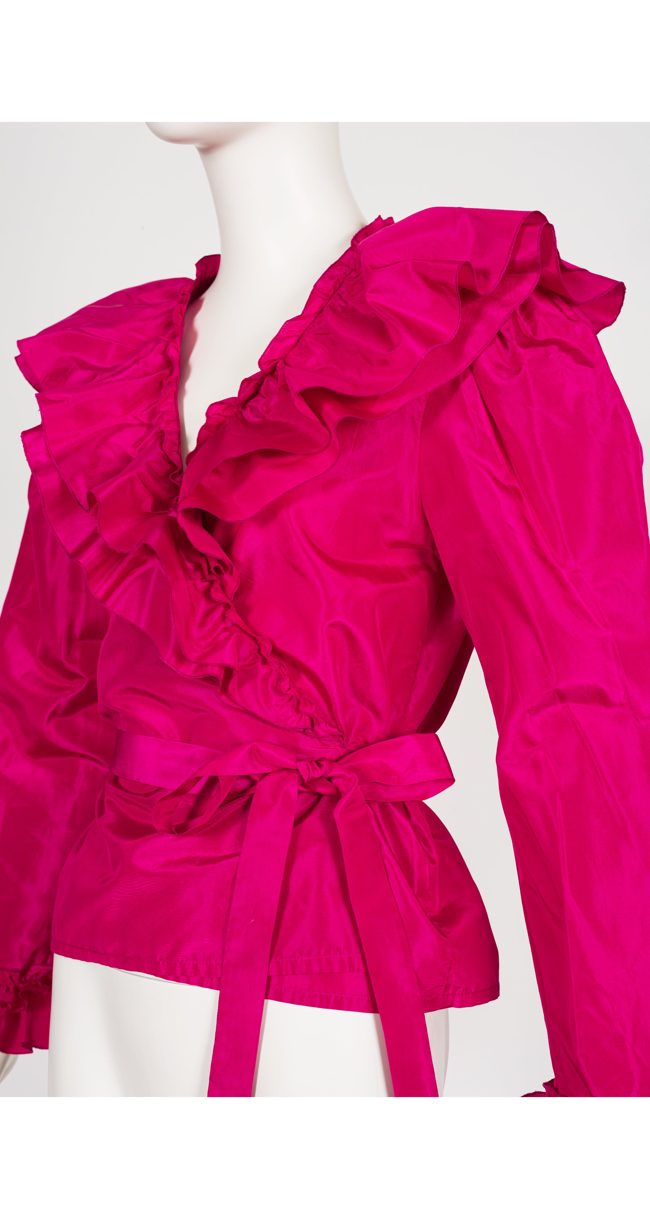 1970s Fuchsia Silk Taffeta Ruffle Wrap Blouse