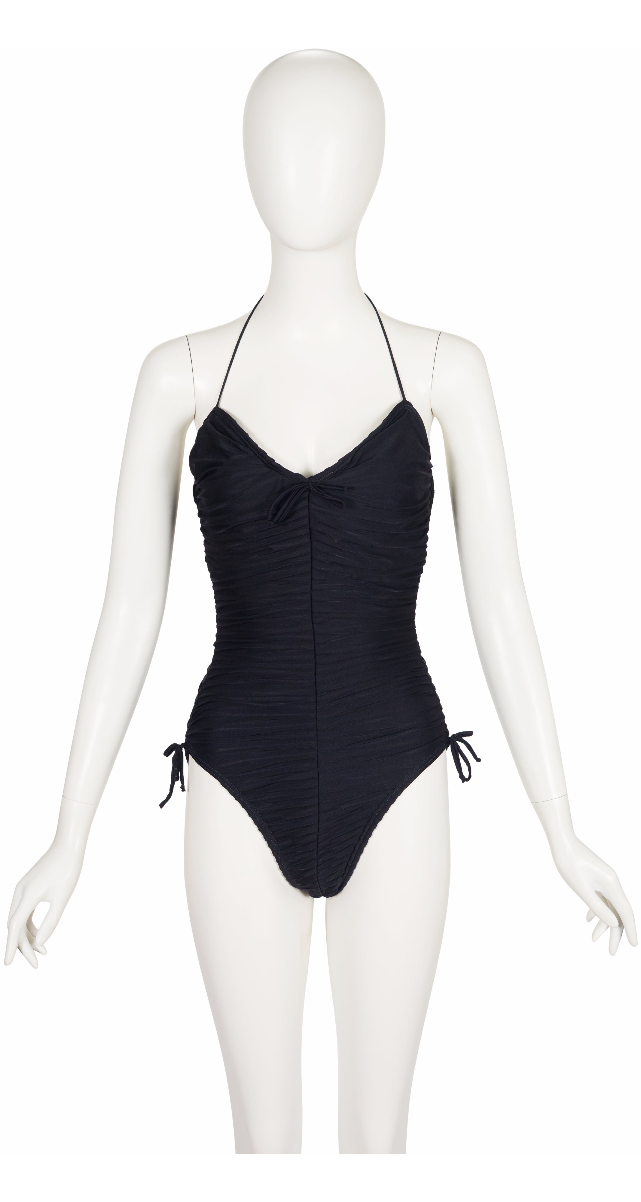 1983 Black Ruched Halter One-Piece Swimsuit